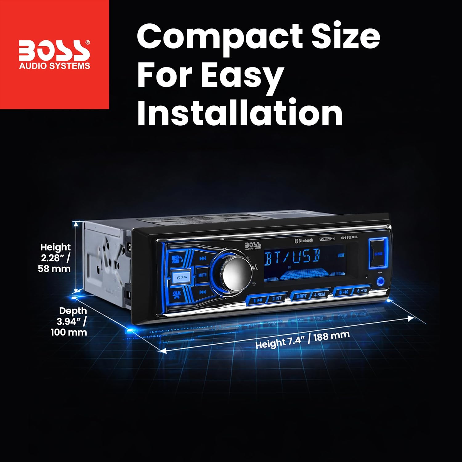 Detalle de BOSS Audio Systems 611UAB Single-DIN Car Stereo with Bluetooth, USB, AUX, and AM/FM Radio