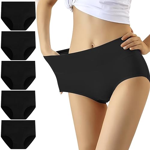 Detalle de YouShow Culottes Femmes Coton Taille Haute – Lot de 5 Slips Elastiques et Doux (Noir, M)