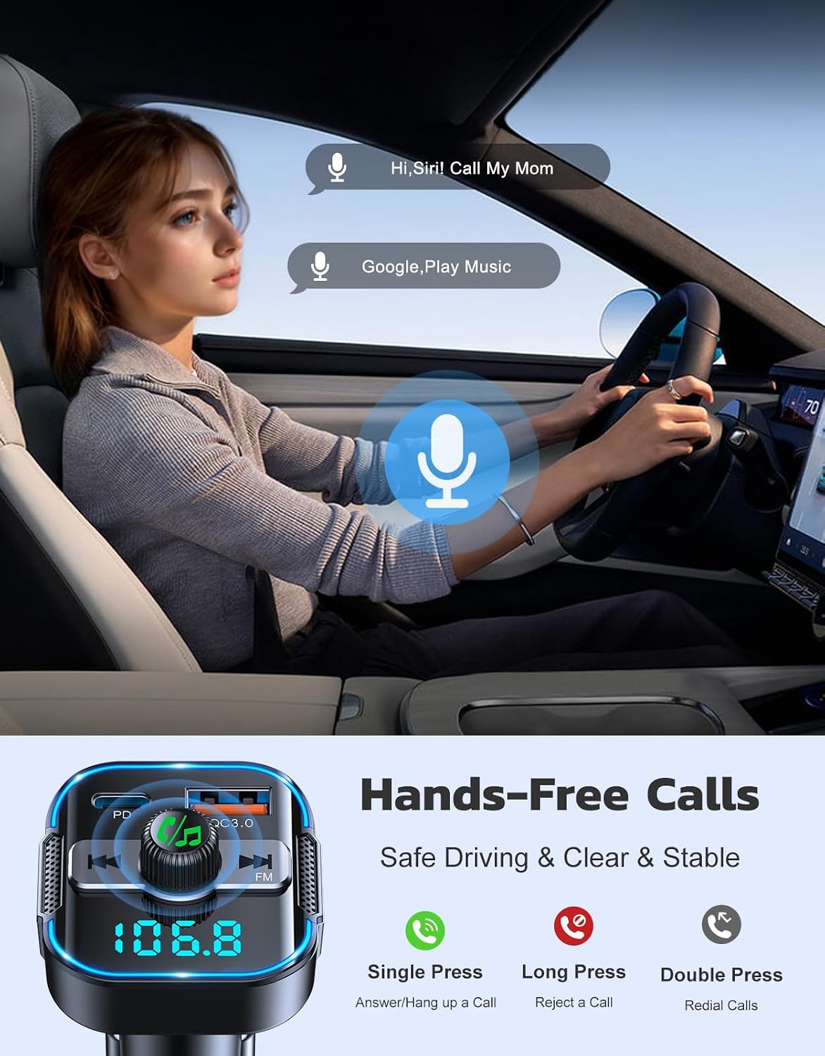 Detalle de Glangeh 2026 Upgraded Bluetooth 5.3 Car Adapter – 45W PD + 36W QC, 2-in-1 FM Transmitter with Dual Mics and Fast Car Charger