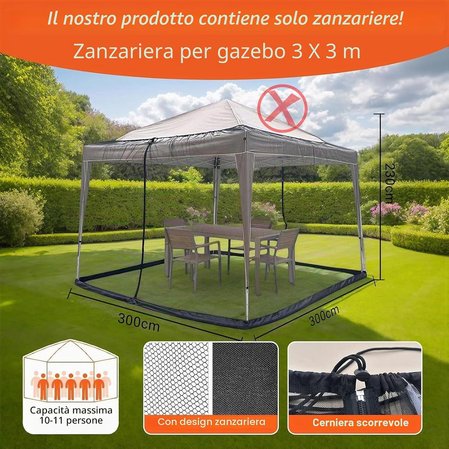 Detalle de Zanzariera per gazebo 3x3 m – rete esterna resistente e stabile, nero