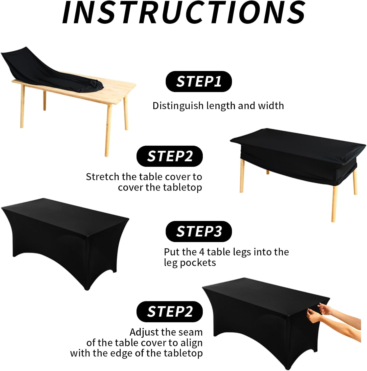 Detalle 2 de Fixwal 10 Pack 8Ft Black Spandex Fitted Tablecloths (Rectangle) — Wrinkle-Free Stretch Table Covers