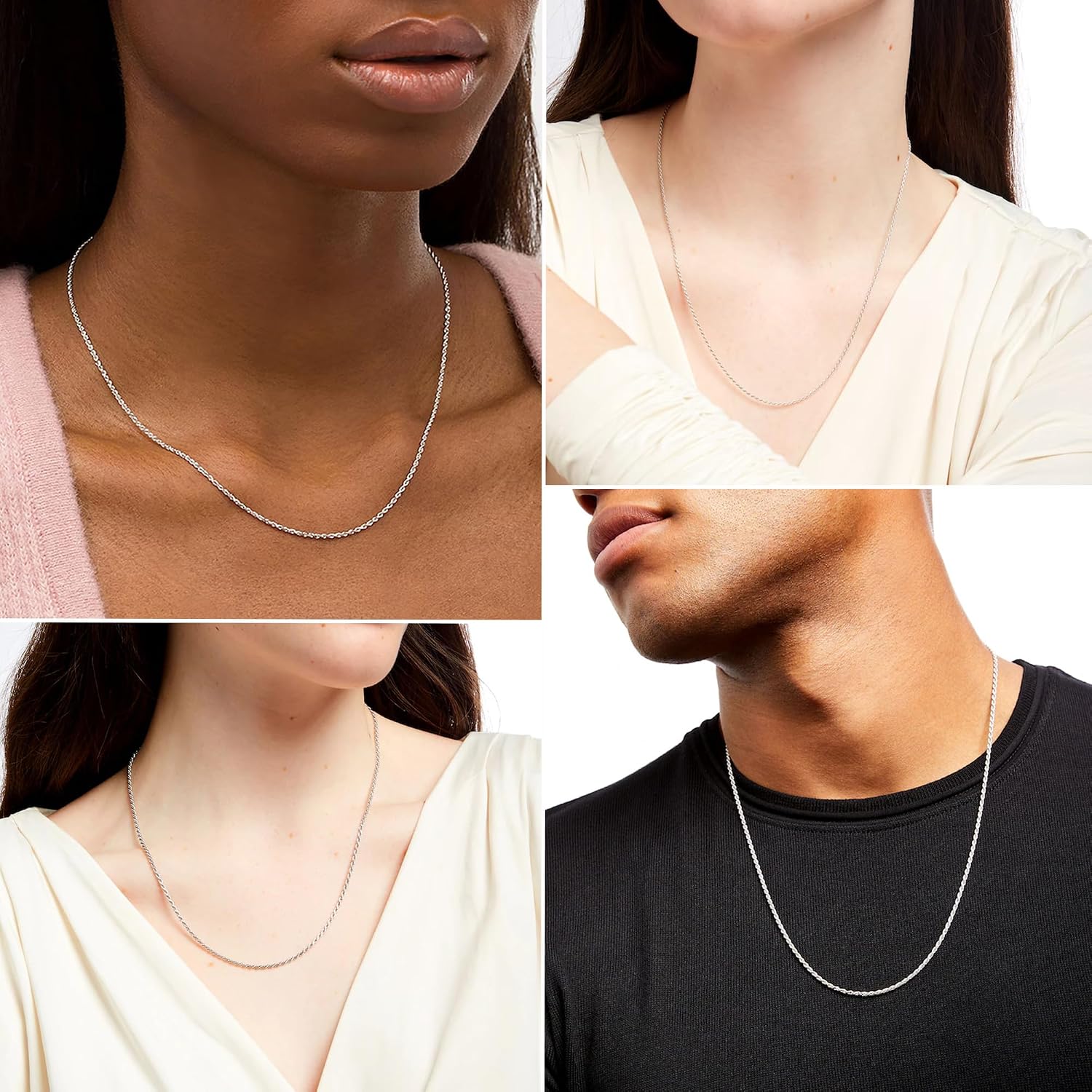 Detalle 2 de DORANA 1.5mm Silver Twisted Rope Chain Necklace (S925) — adjustable length sterling silver chain