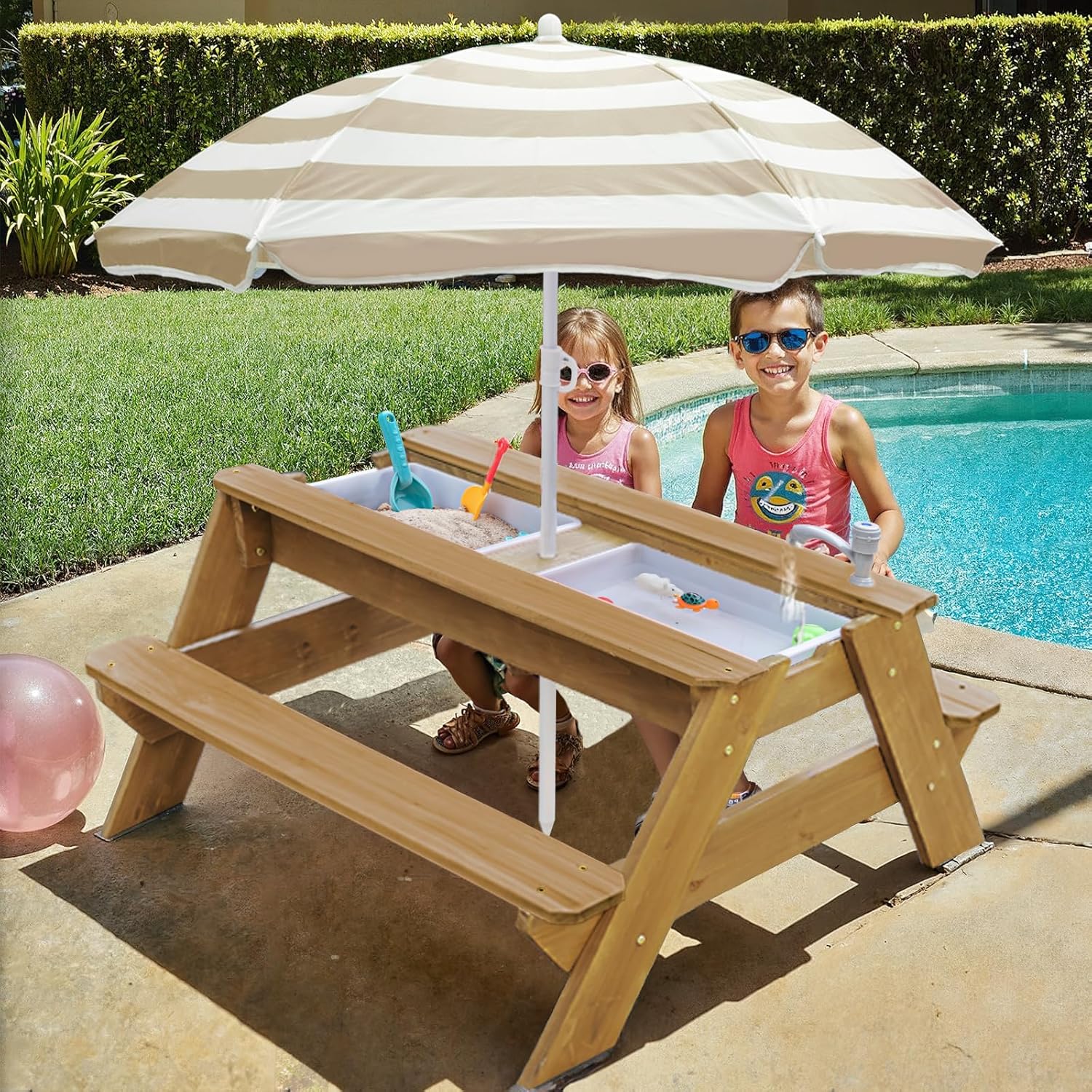 Detalle de K LUCKIDS Kids 3-in-1 Sand & Water Activity Table (Wood Outdoor Convertible Picnic Table)