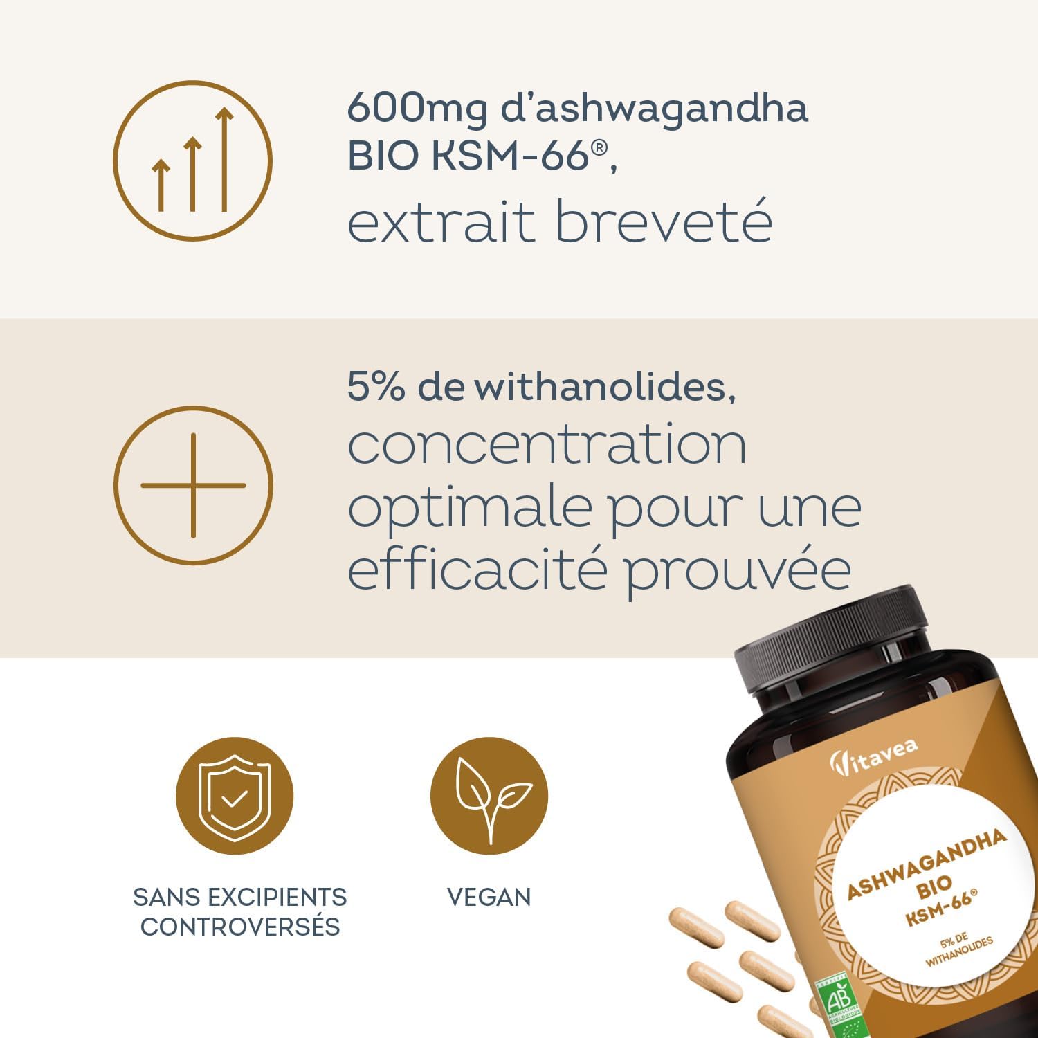 Thumbnail 1 de Vitavea Ashwagandha BIO KSM-66® breveté 90 gélules vegan (5% withanolides, 600 mg)