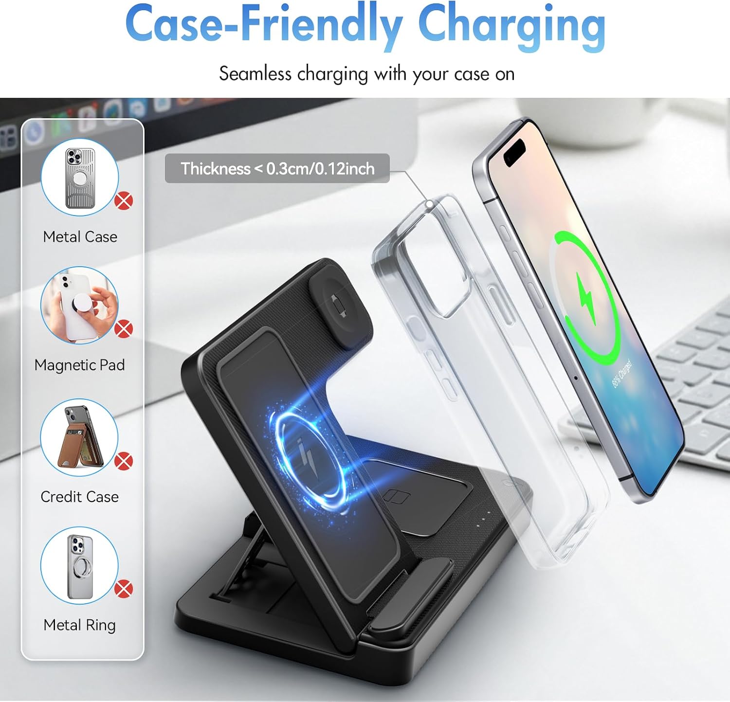 Detalle de 3 in 1 Wireless Charging Station for iPhone, AirPods Pro 4/3/2 and Apple Watch – Foldable Travel Dock (Black)