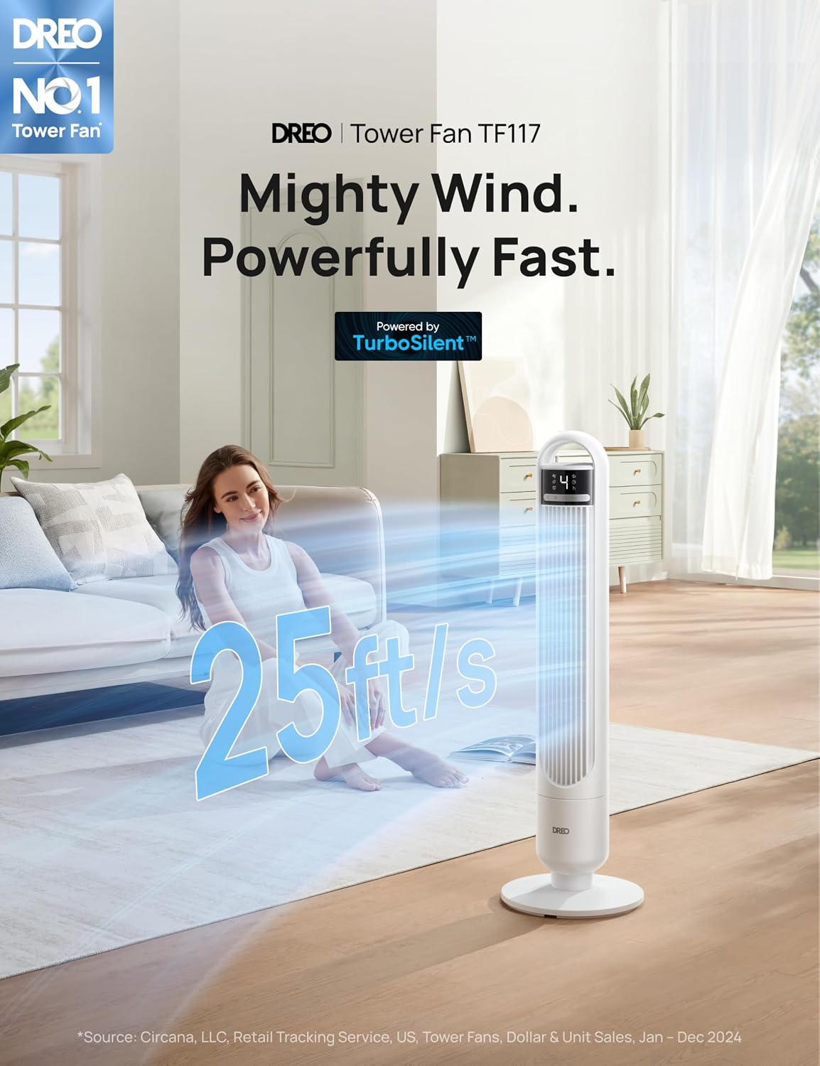 Detalle de DREO Quiet Tower Fan 28dB Bedroom Cooling