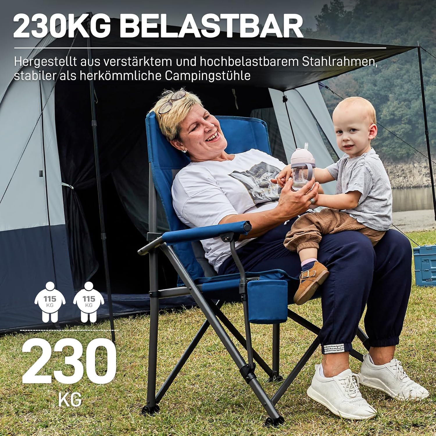 Detalle de EVER ADVANCED faltbarer Campingstuhl XL bis 230 kg – mit Seitentasche & Getränkehalter