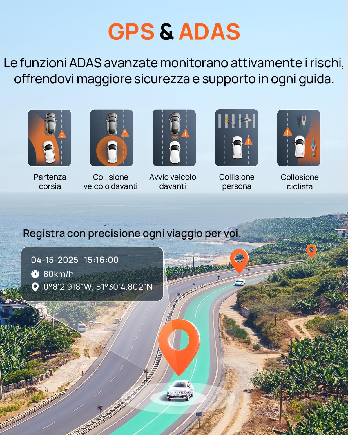 Thumbnail 5 de 70mai A800SE Dashcam 4K+1080P GPS WiFi, doppia telecamera anteriore/retrocamera con schermo 3" e ADAS