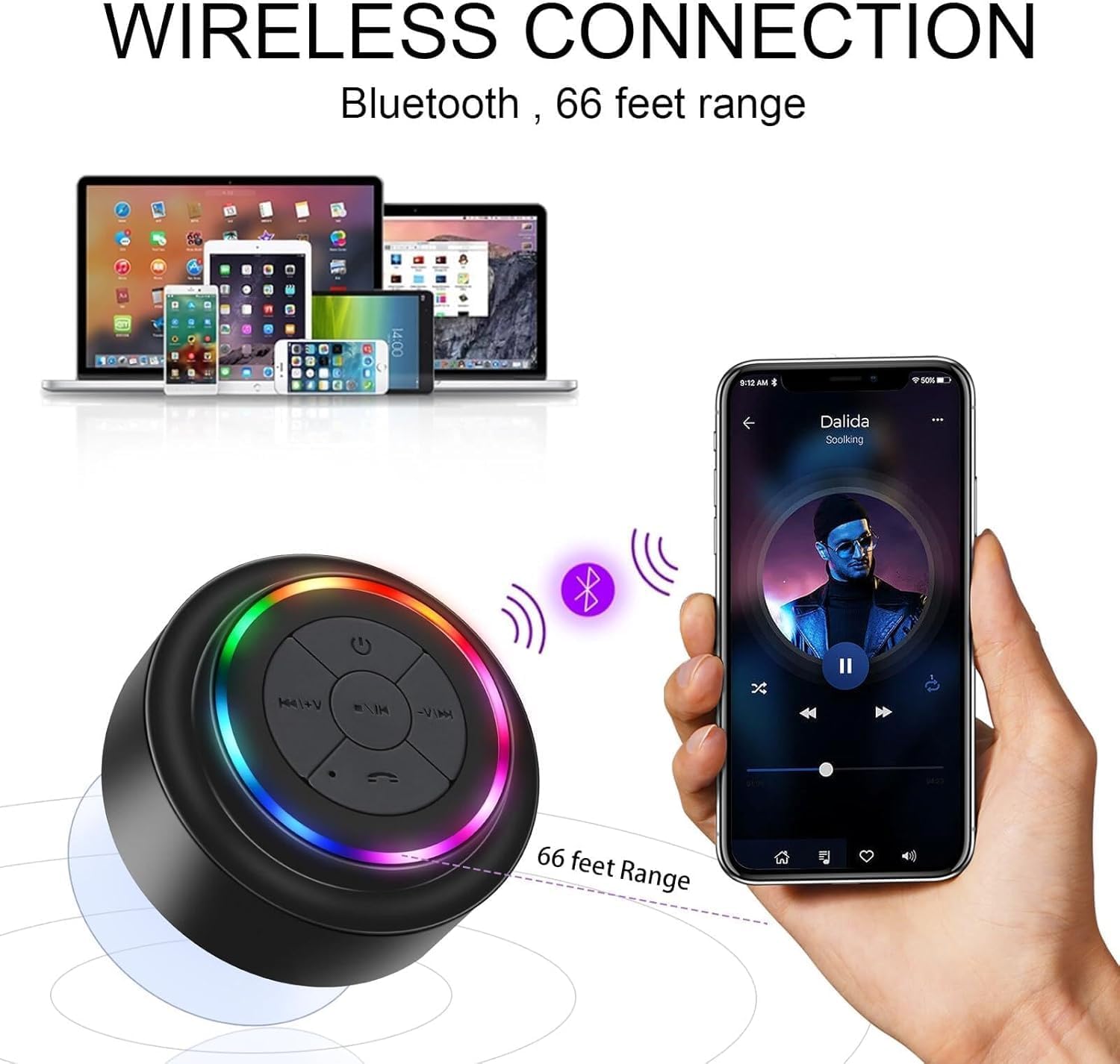 Detalle 2 de Cassa Bluetooth da doccia impermeabile IP7 con ventosa e luce RGB 🔊
