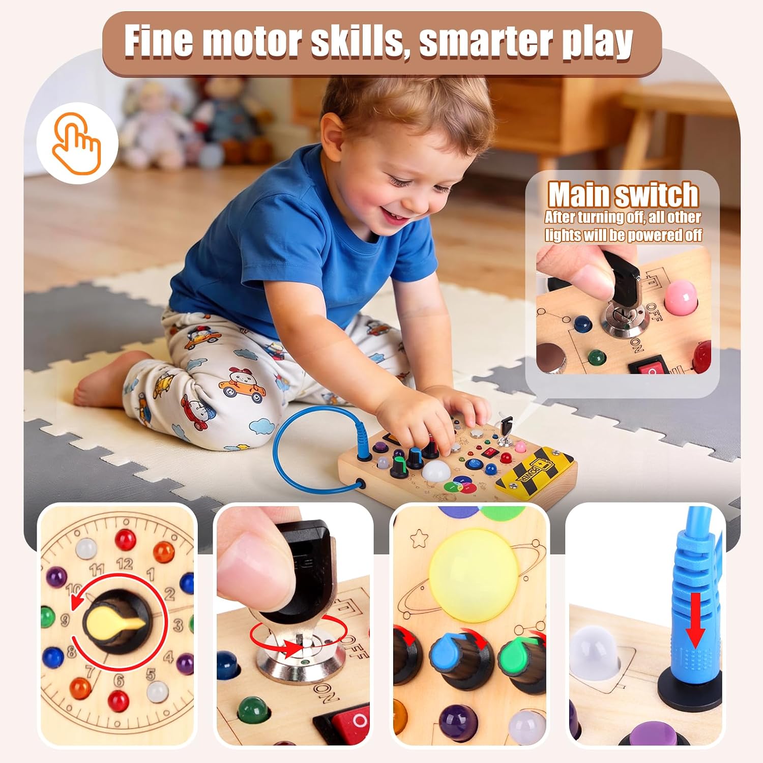 Detalle 2 de Konijiwa Montessori Busy Board de madera para niños (12 interruptores y 24 luces LED)