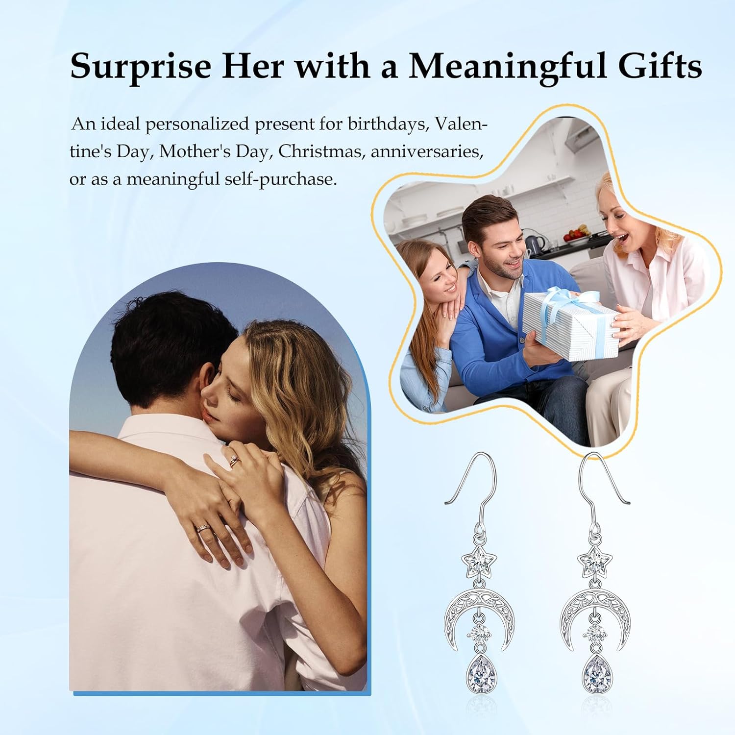 Thumbnail 6 de Qings Birthstone Earrings for Women — 925 Sterling Silver Celtic Moon & Star Birthstone Teardrop Earrings
