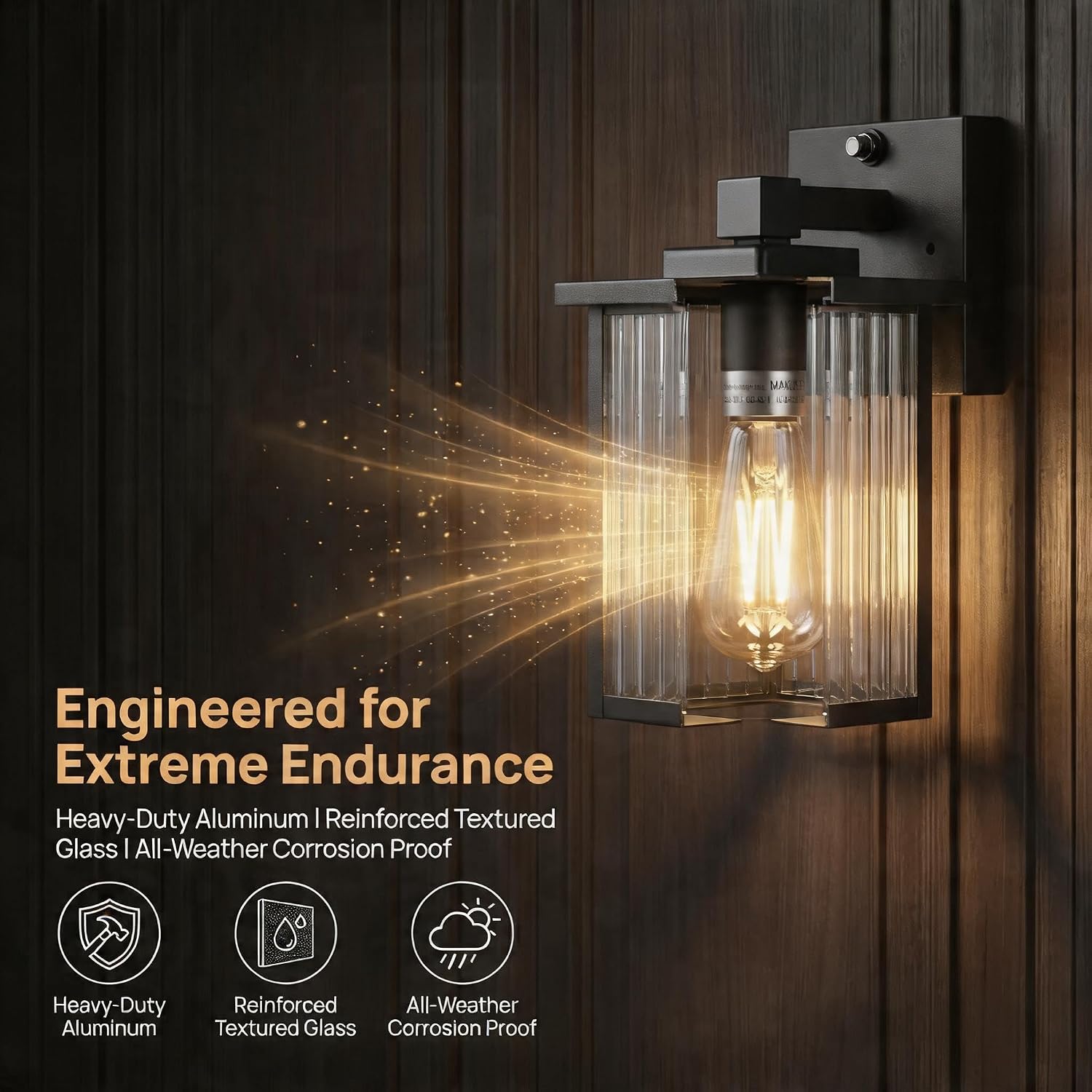 Detalle 2 de hameso G009 Outdoor Wall Lights, Black Metal, Textured Glass, Dusk-to-Dawn Sensor