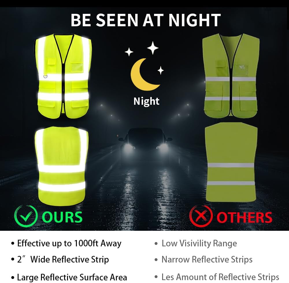 Detalle de Hi Vis Vests for Women Men – High Visibility Reflective Safety Vest (Breathable, Zipper Pocket) for Work & Outdoor Use
