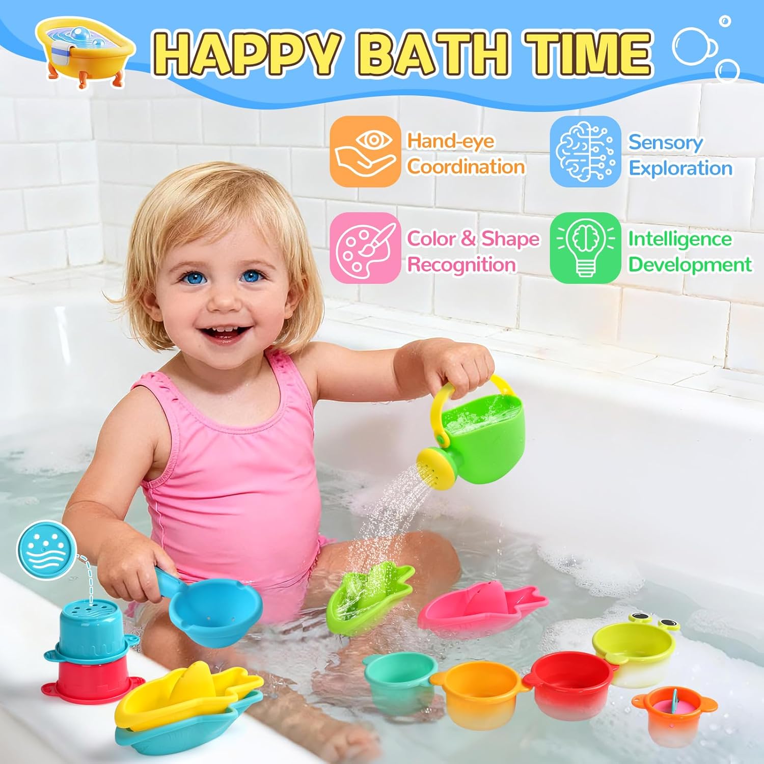 Detalle de Badespielzeug-Set für Kinder ab 1 Jahr – 13-teiliges, schimmelfreies Badewannenspielzeug für Badewanne, Pool und Strand