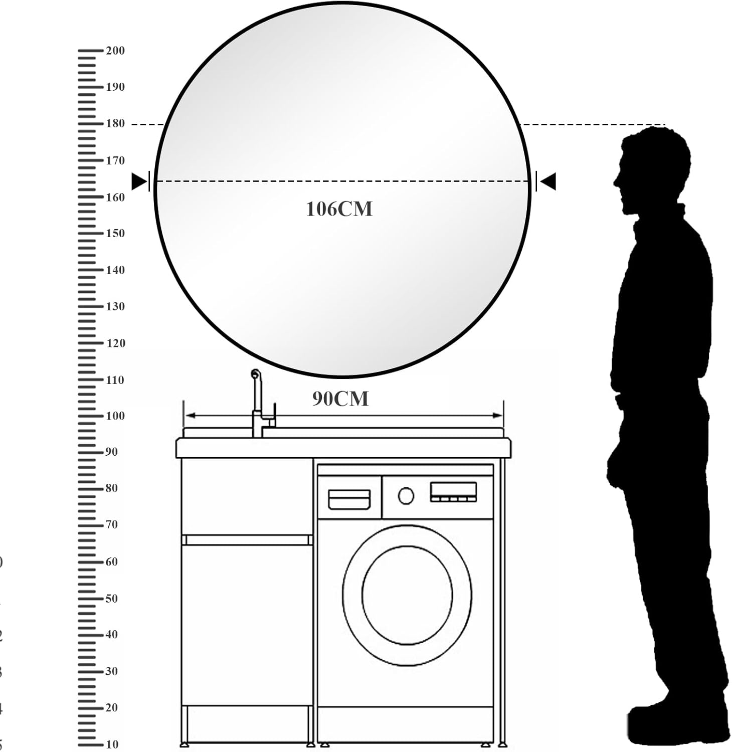Thumbnail 6 de BEAUTYPEAK 106 cm runder Wandspiegel mit bruchsicherem Glas und Aluminiumrahmen in Schwarz