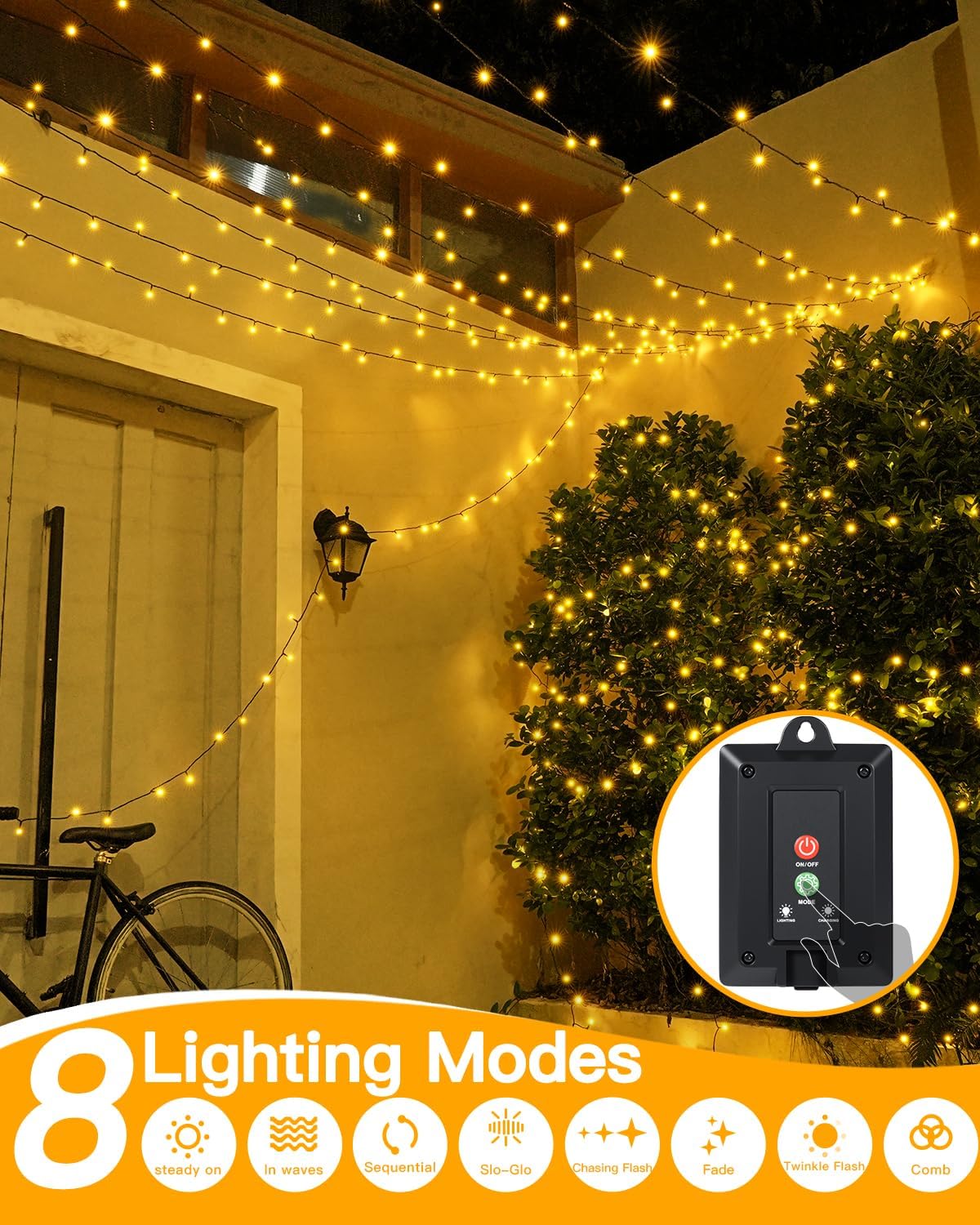 Detalle de Ollny Solar Lights Outdoor Garden 20m 200 LED Solar Fairy Light String with Warm White, IP44 & 8 Modes