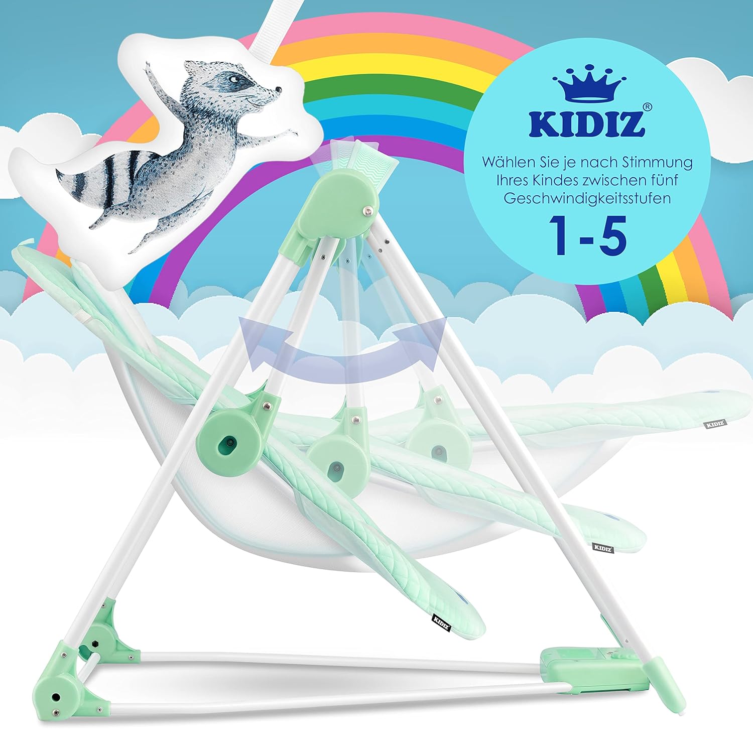 Thumbnail 2 de KIDIZ® Babywippe Babyschaukel mit 5 Geschwindigkeiten – faltbar, inkl. Spielbogen und Sound