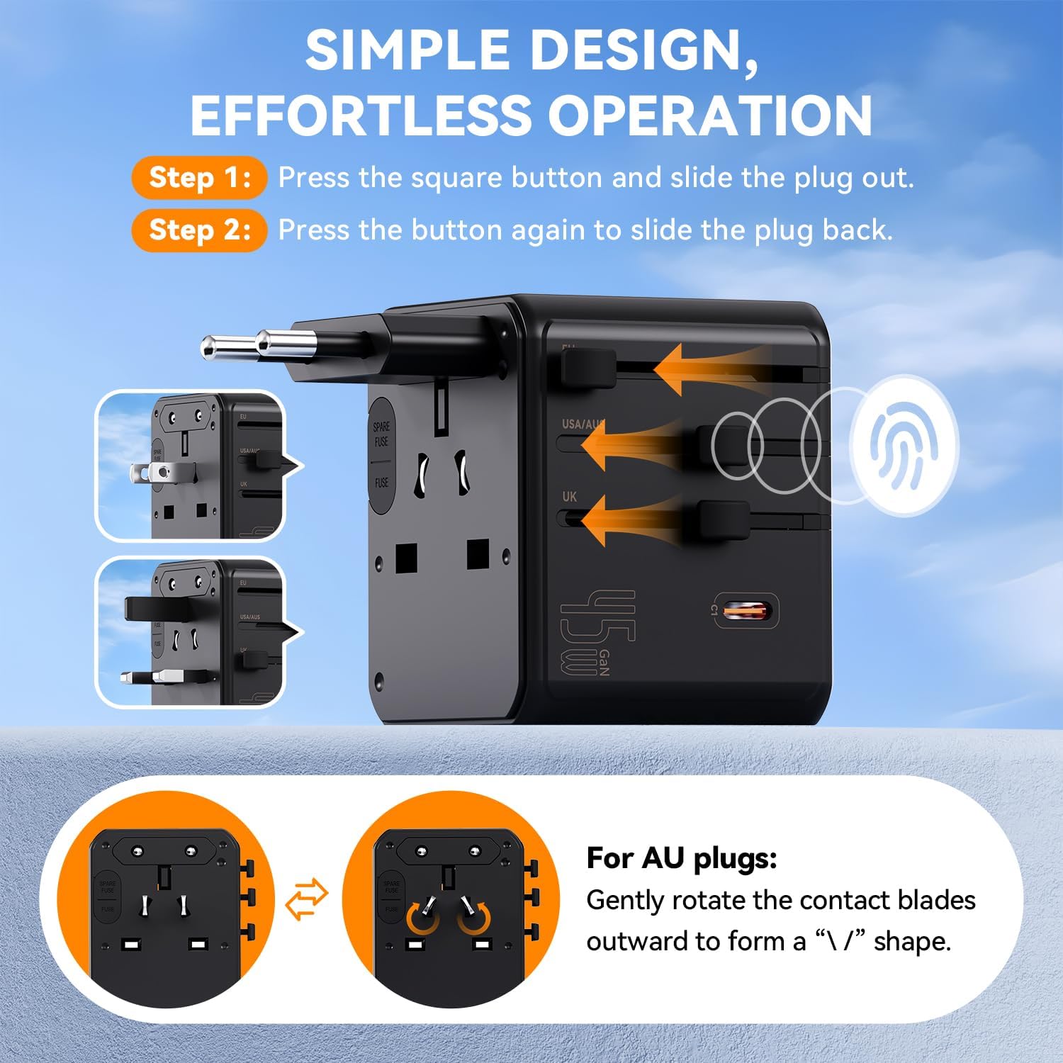 Detalle de Auxmir Reiseadapter Weltweit – Universeller Steckdosenadapter mit USB-C und USB-A, 2500W, Safe & Kompakt