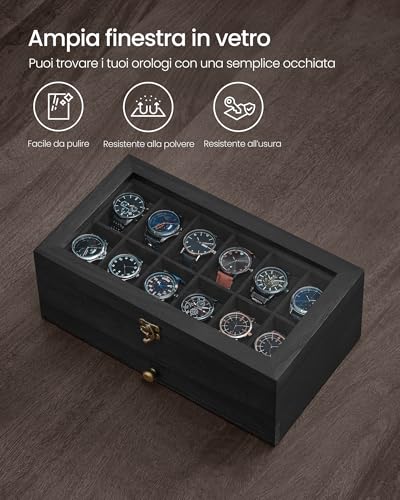 Detalle de SONGMICS Porta Orologi a 12 Scomparti, 2 Livelli, Coperchio in Vetro e Fodera in Velluto – JOW012B02