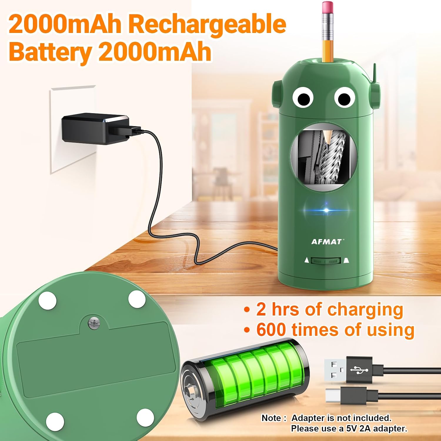 Detalle de AFMAT PSX5 fully automatic rechargeable electric pencil sharpener for coloured pencils (7–11.5mm)