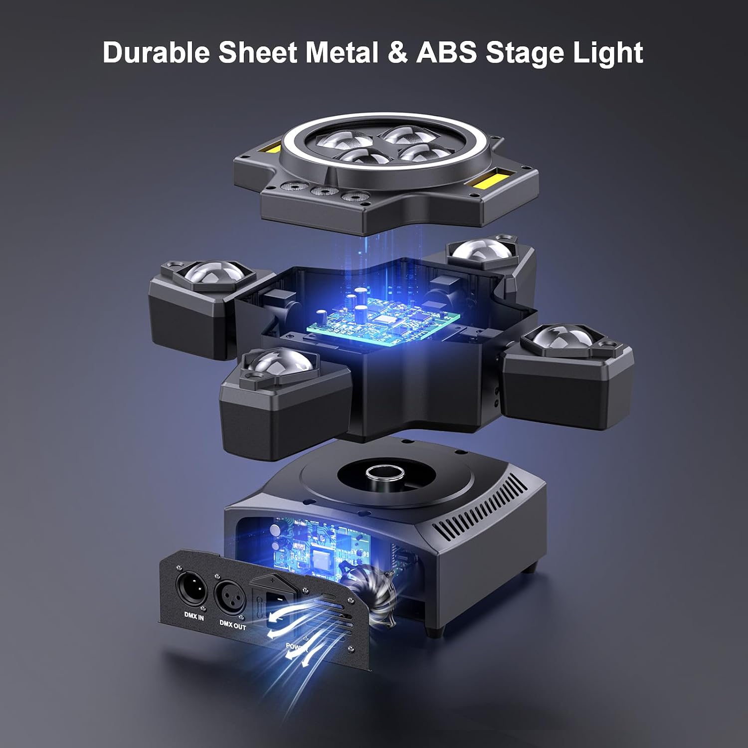 Detalle de 150W Moving Head Bühnenlicht Strahl (RGBW, 4 Lampenarm) mit Fernbedienung – Gold Strobe Partylicht für DJ, Disco & Events