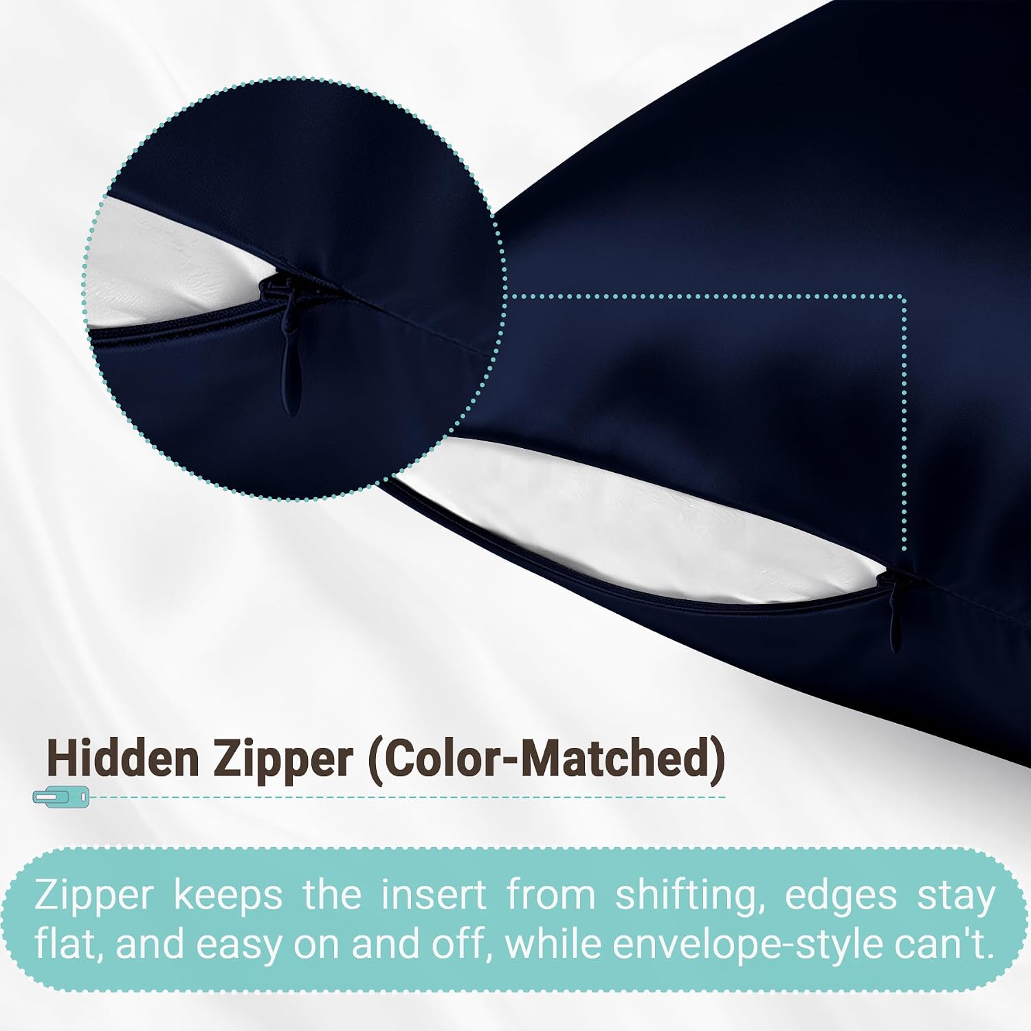 Detalle de Gabire Mulberry Silk Pillowcases Set of 2 (Navy), Hidden Zipper, Standard 20"×26