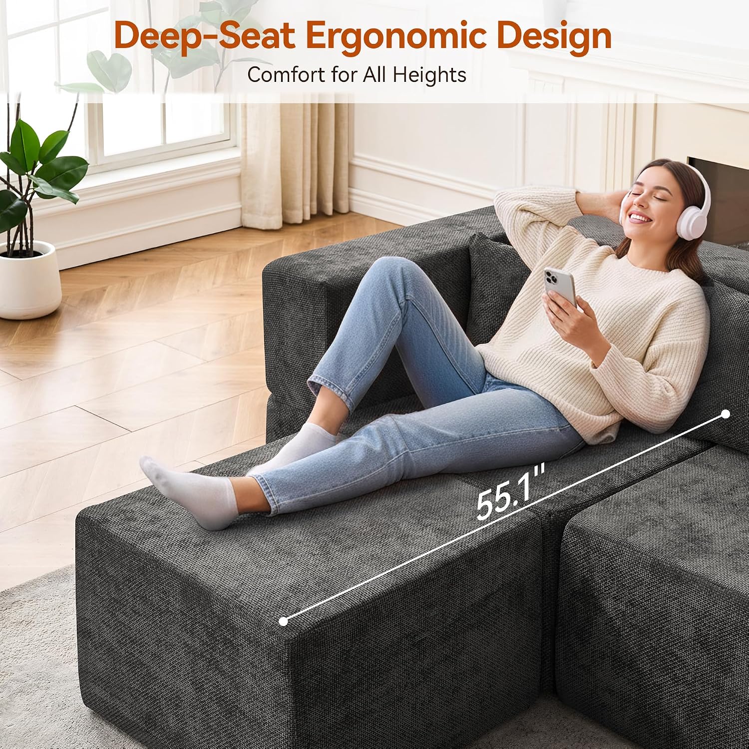 Detalle de MONVANE Modular Sectional Sofa, 8-Seat U-Shaped Chenille Couch in Grey