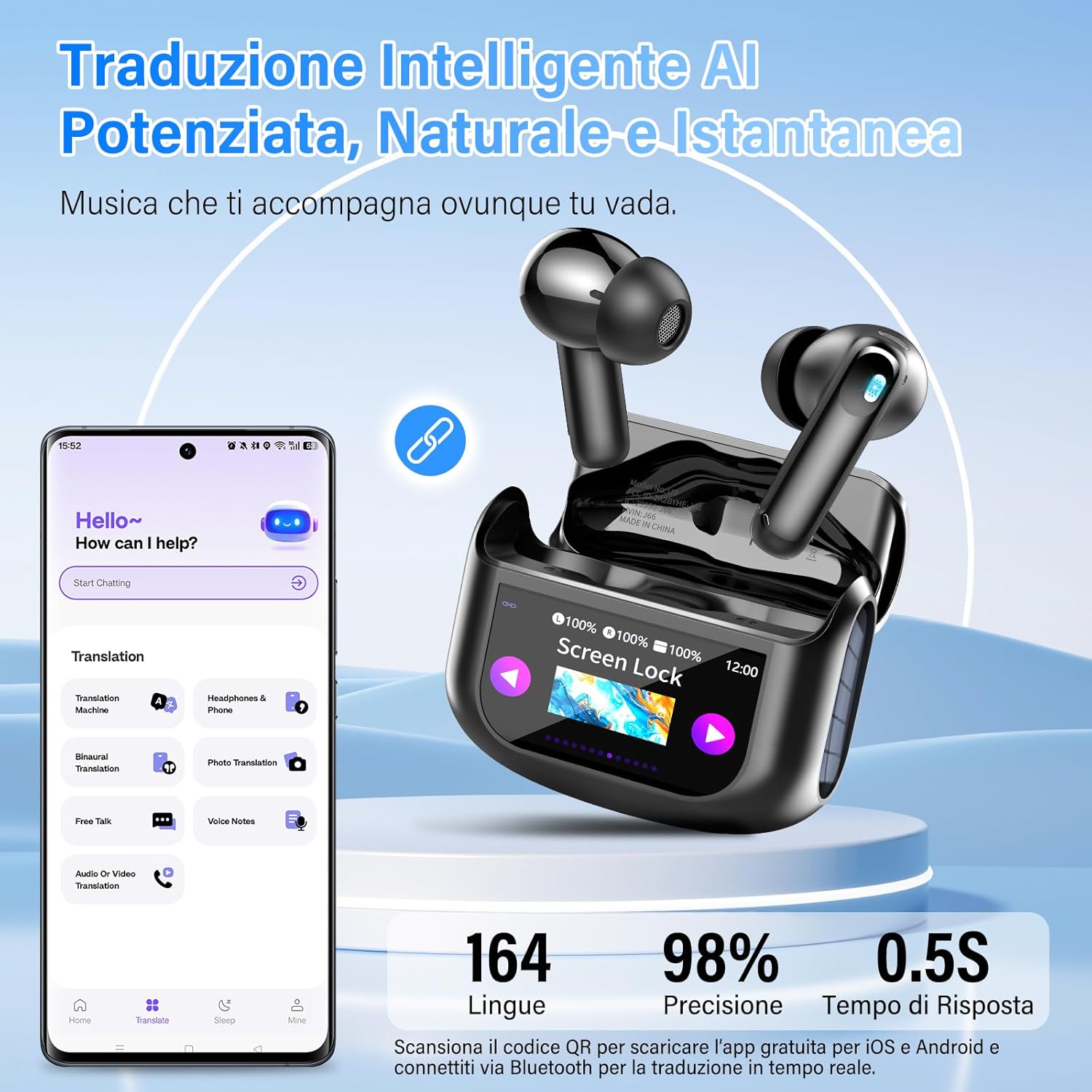 Thumbnail 1 de AI Cuffie Traduzione 4-in-1: auricolari traduttore istantaneo con ANC/ENC e schermo LED