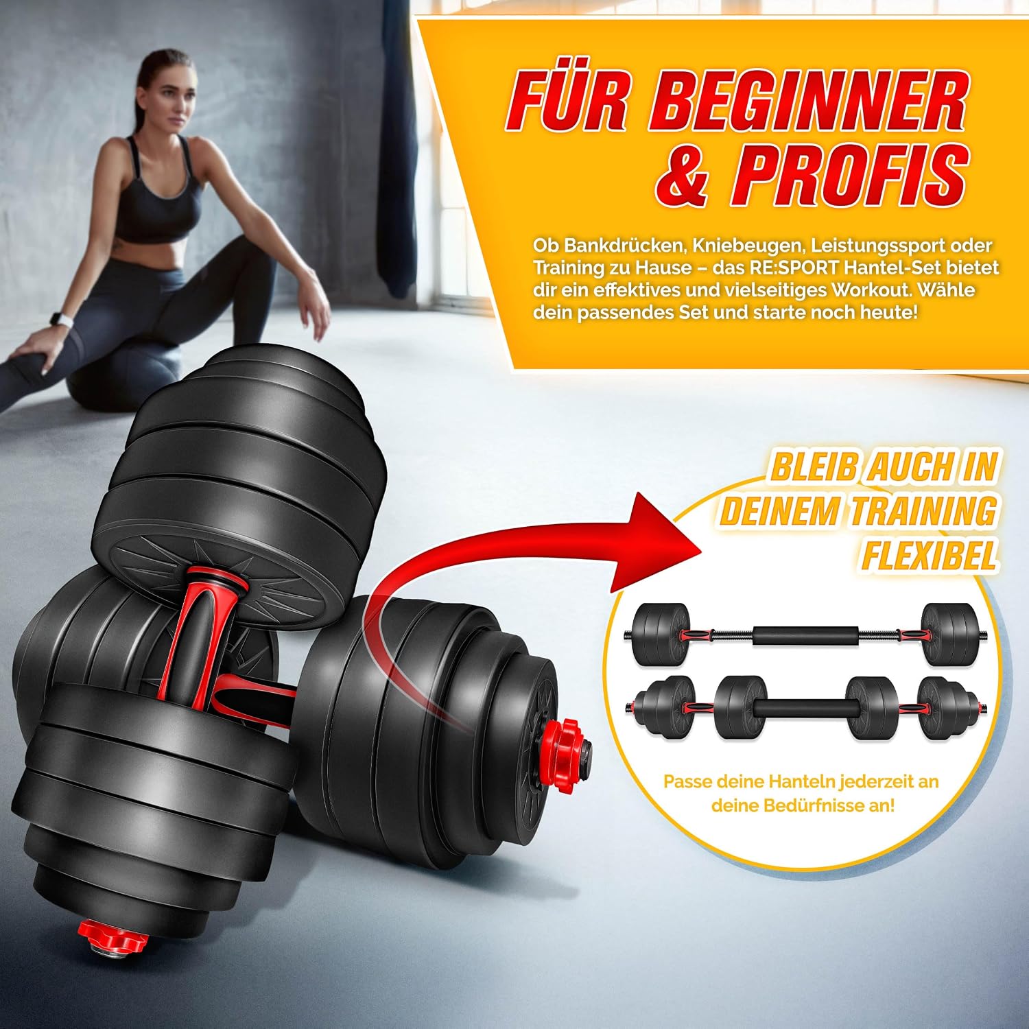 Thumbnail 6 de RE:SPORT 2-in-1 Hantelset 15–30 kg – Kurzhantel & Langhantel mit 400-mm Verbindungsrohr