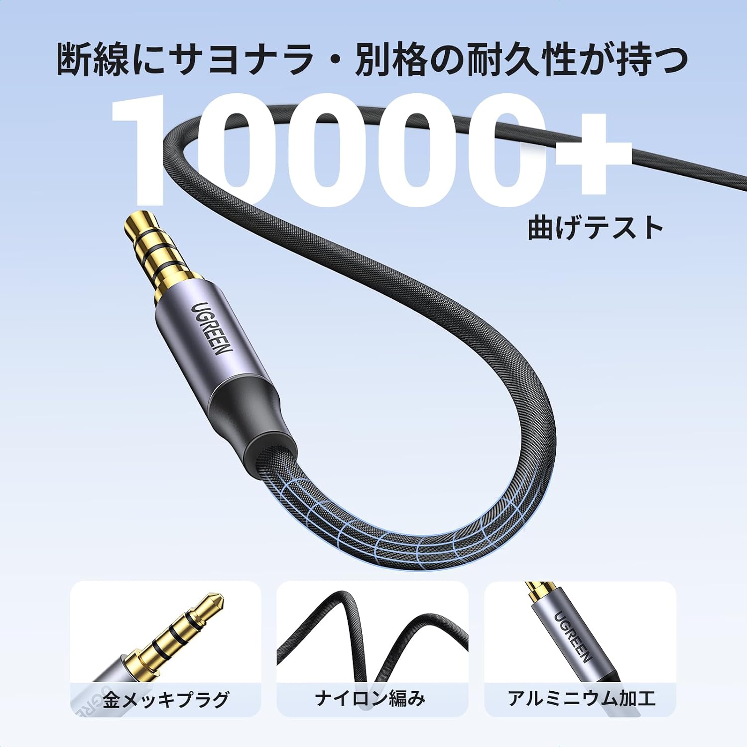 Detalle 1 de UGREEN 3.5mmオーディオケーブル 4極TRRS・1m、ナイロン編み・24K金メッキプラグ
