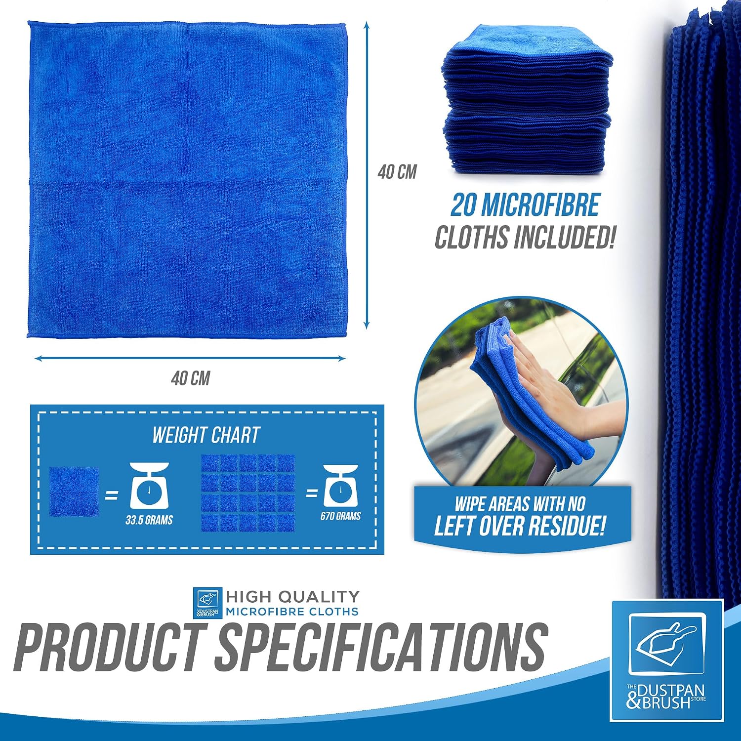 Detalle de TDBS The Dustpan and Brush Store Large Microfibre Cleaning Cloth (40x40cm), Lint-Free, Blue (20 pack)