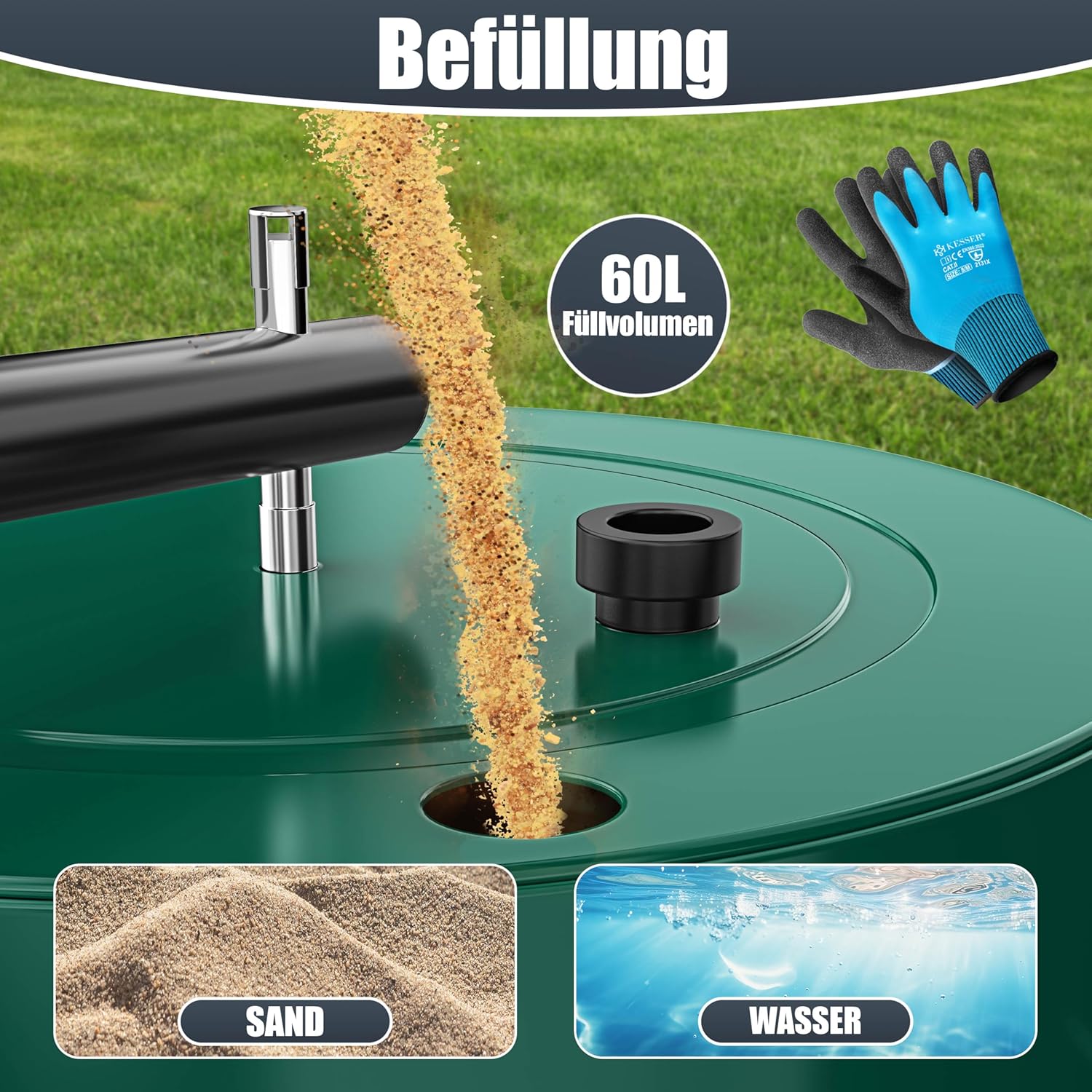 Thumbnail 2 de KESSER® Rasenwalze Metall, befüllbar mit Wasser oder Sand, 60 Liter Füllvolumen, 50 cm Arbeitsbreite – inkl. Handschuhe
