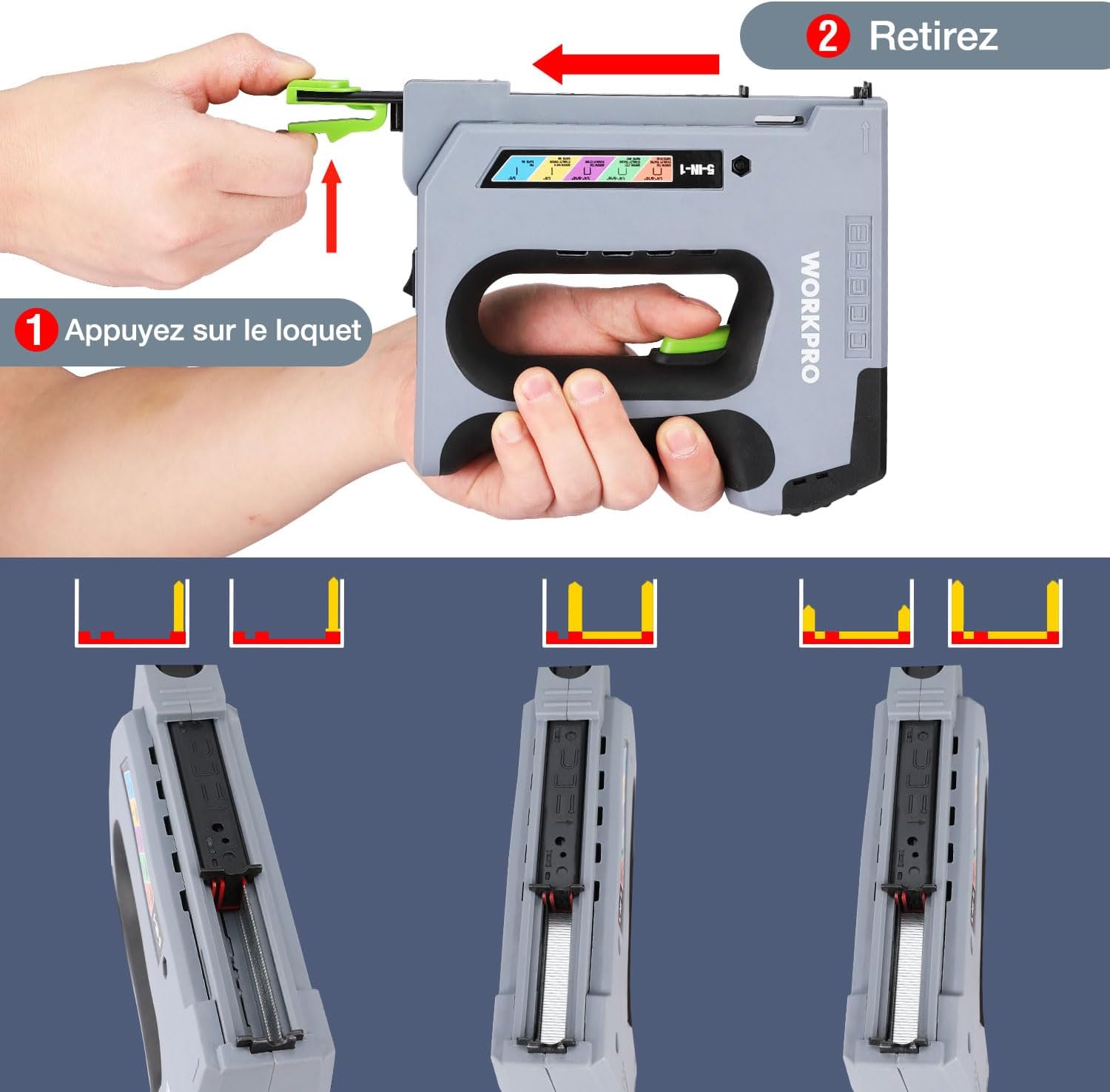 Thumbnail 4 de WORKPRO Agrafeuse sans Fil 3,6 V Multifonction 5 en 1 – Kit complet (2000 agrafes)