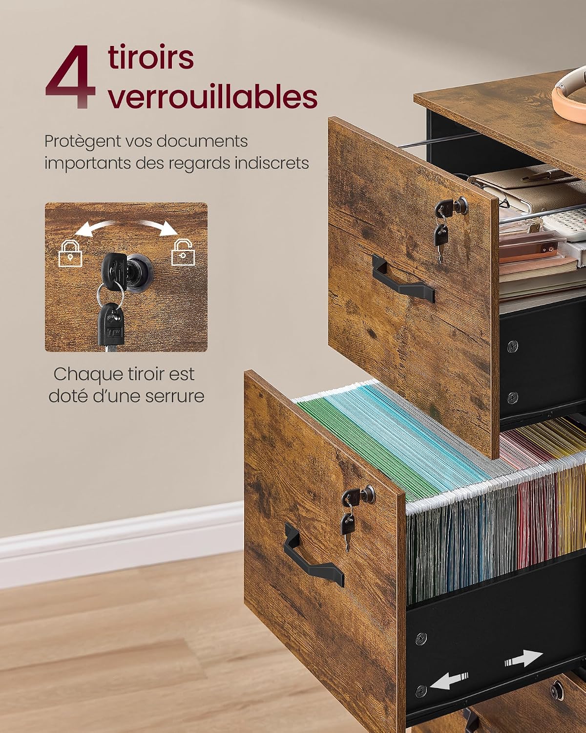 Detalle 2 de VASAGLE Meuble de Bureau OFC082K02 — 4 tiroirs verrouillables