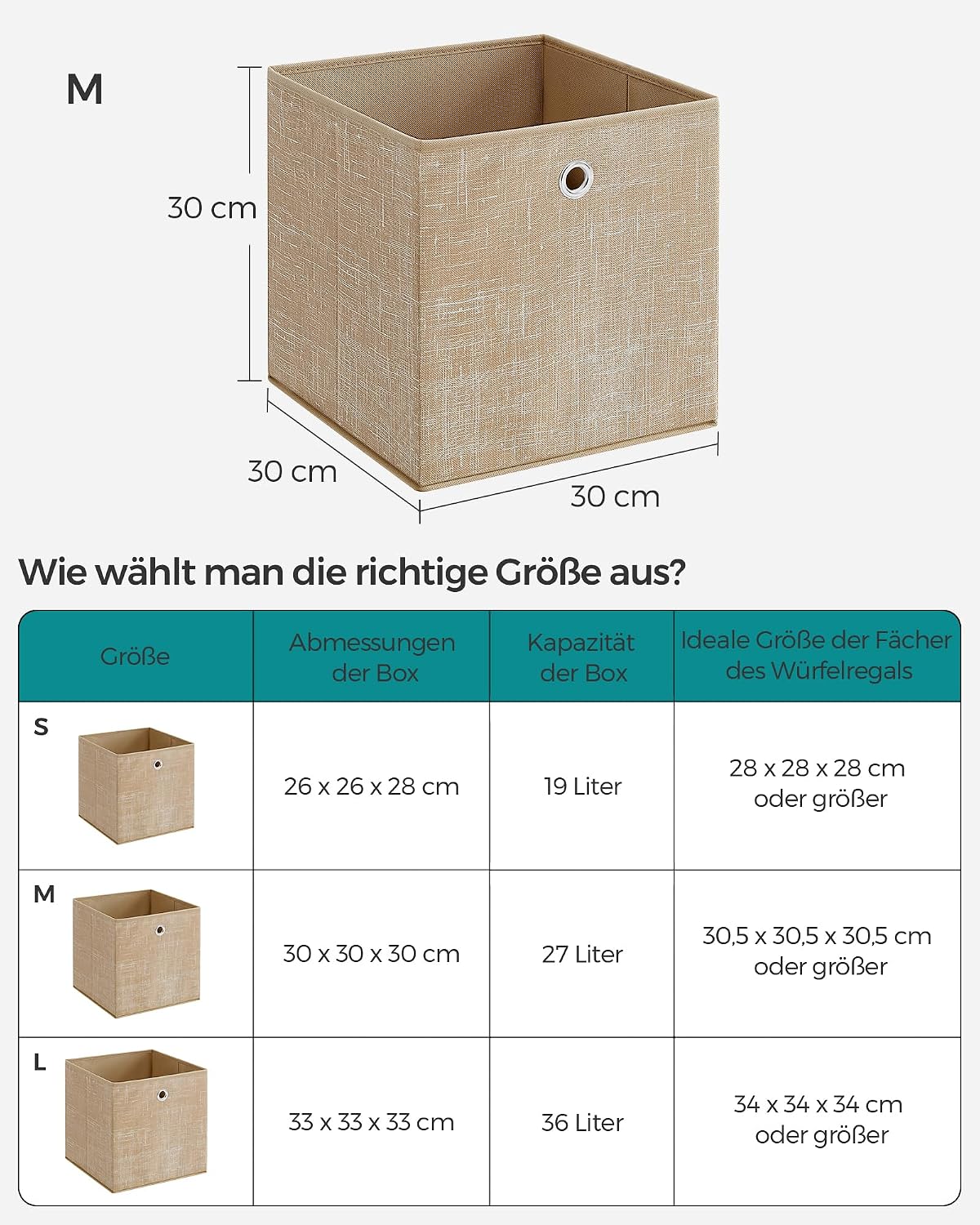 Detalle de SONGMICS Aufbewahrungsbox 6er Set – stabile Stoffboxen aus Vliesstoff, 30 x 30 x 30 cm, sandbeige
