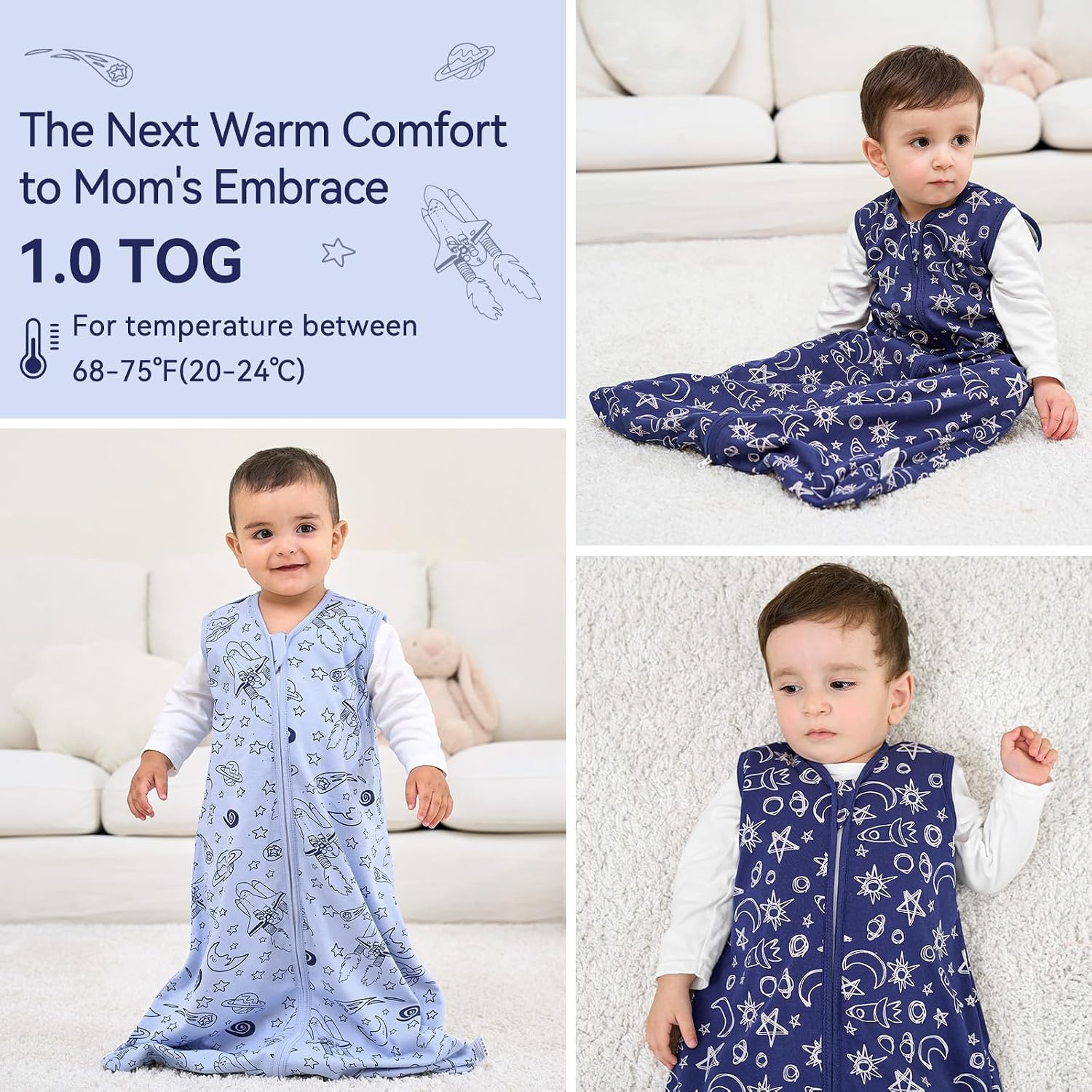 Thumbnail 6 de Unnivoll Baby Sleeping Bag 1.0 Tog 12–18 Months, 100% Cotton Sleep Sack – Blue Moon