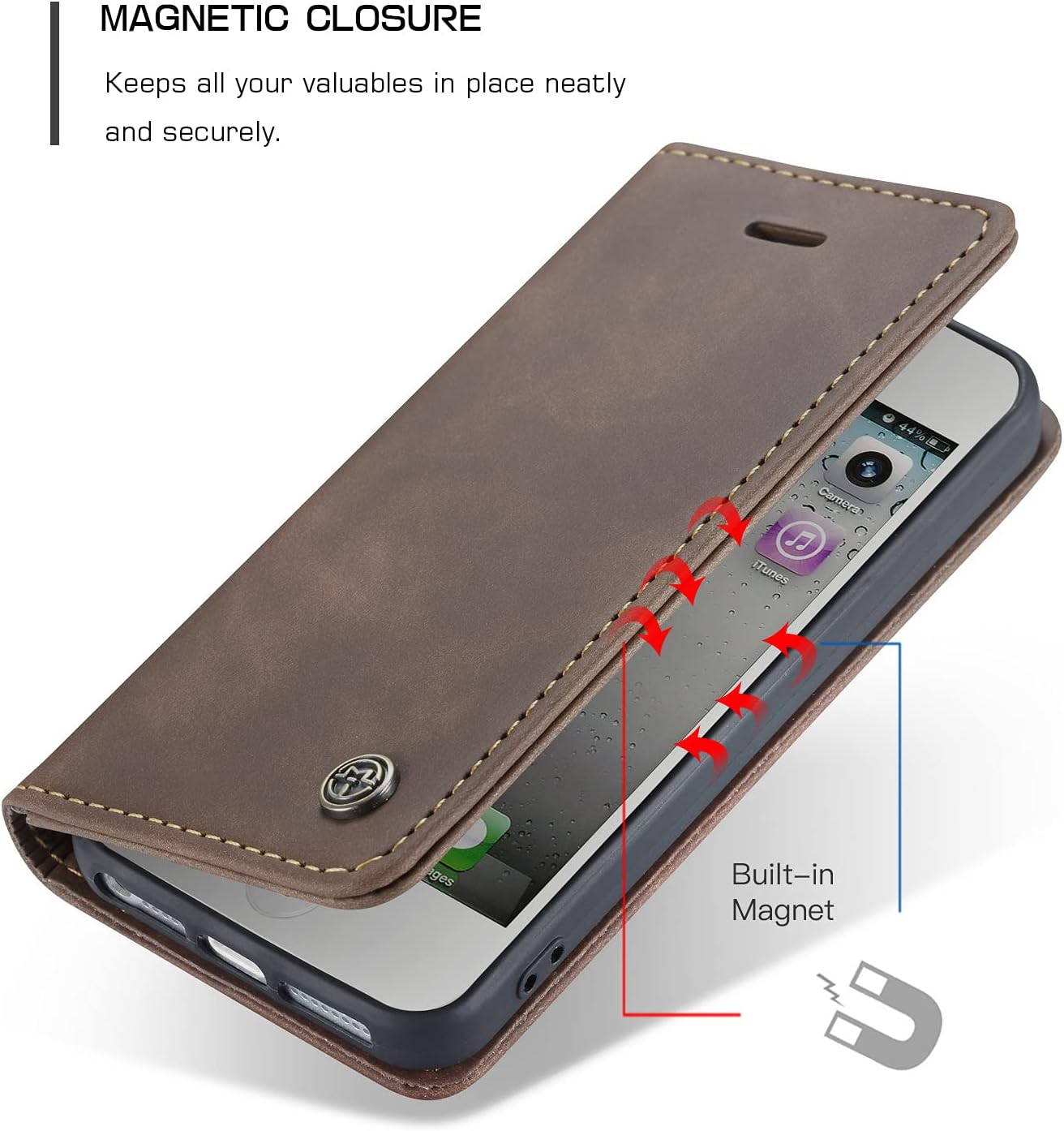 Detalle 2 de Phernykas Lederhülle mit Kartenfach für iPhone 5/5S – Magnetischer Klappschutz, Standfunktion, Kaffee