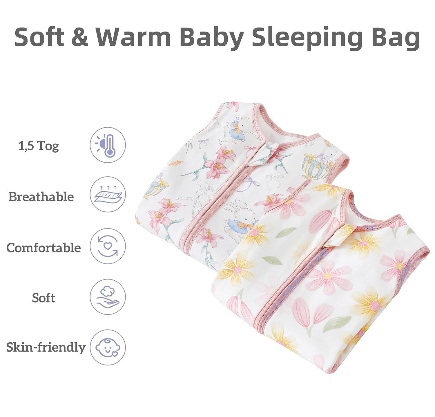 Detalle 2 de Teechodina Baby Schlafsack mit Füßen – 2er Pack aus 100% Baumwolle, 80 cm, TOG 0,5