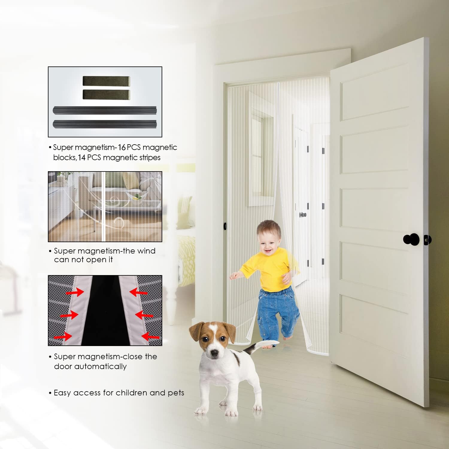 Thumbnail 5 de MYCARBON Fly Screen Door Keep Insects Out – Magnetic Mosquito Door Screen (White/Stripes, 100 x 230cm)