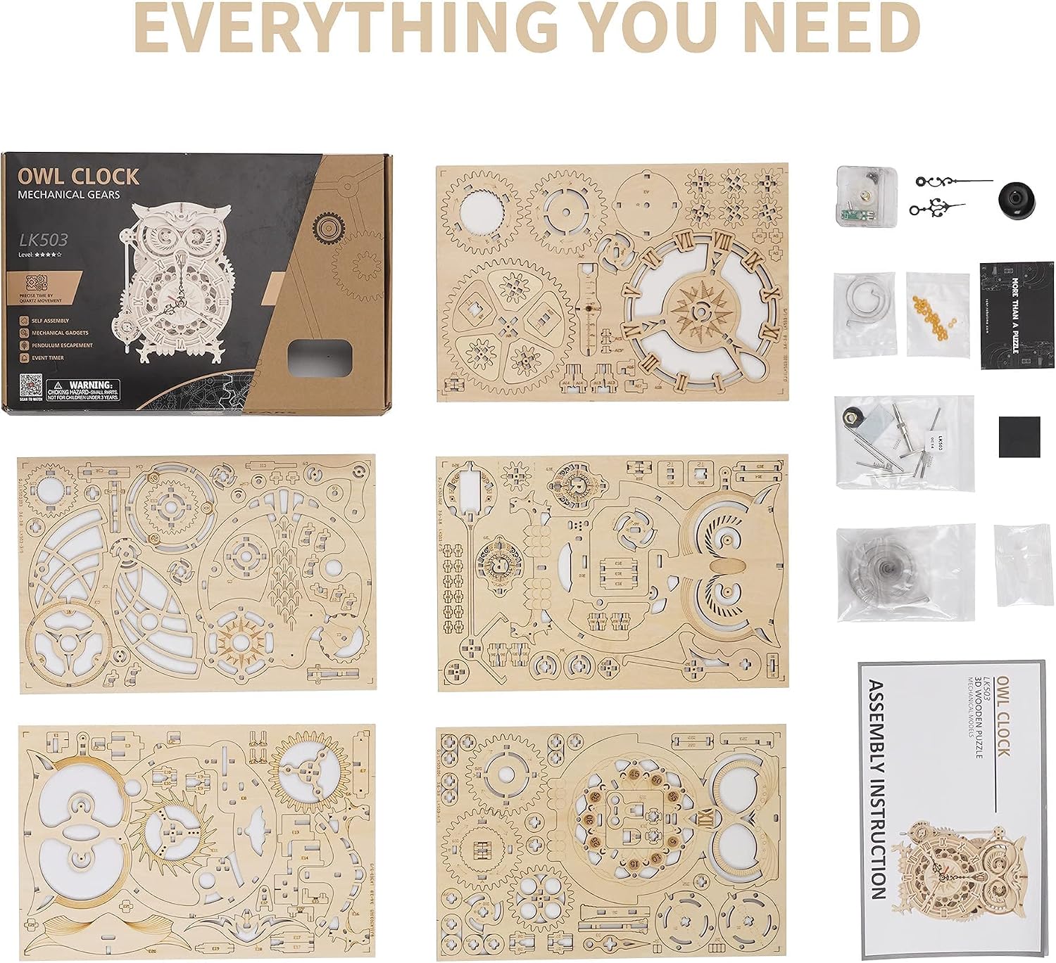 Detalle de Robotime Gufo Sveglia 3D Puzzle in legno LK503: kit autoassemblaggio con timer a campana