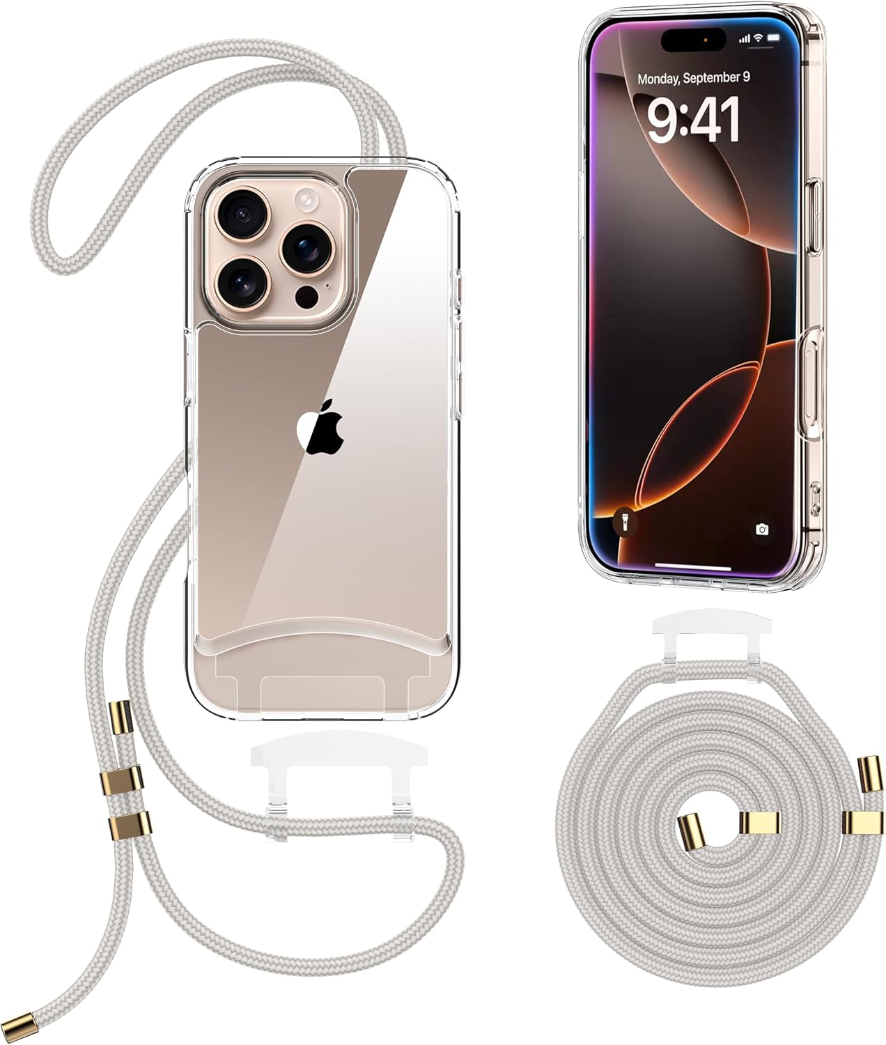 Detalle de OLEPHY Handykette mit Band für iPhone 16 Pro Max – verstellbares, demontierbares Lanyard-Case in Beige (mit Kordel zum Umhängen)