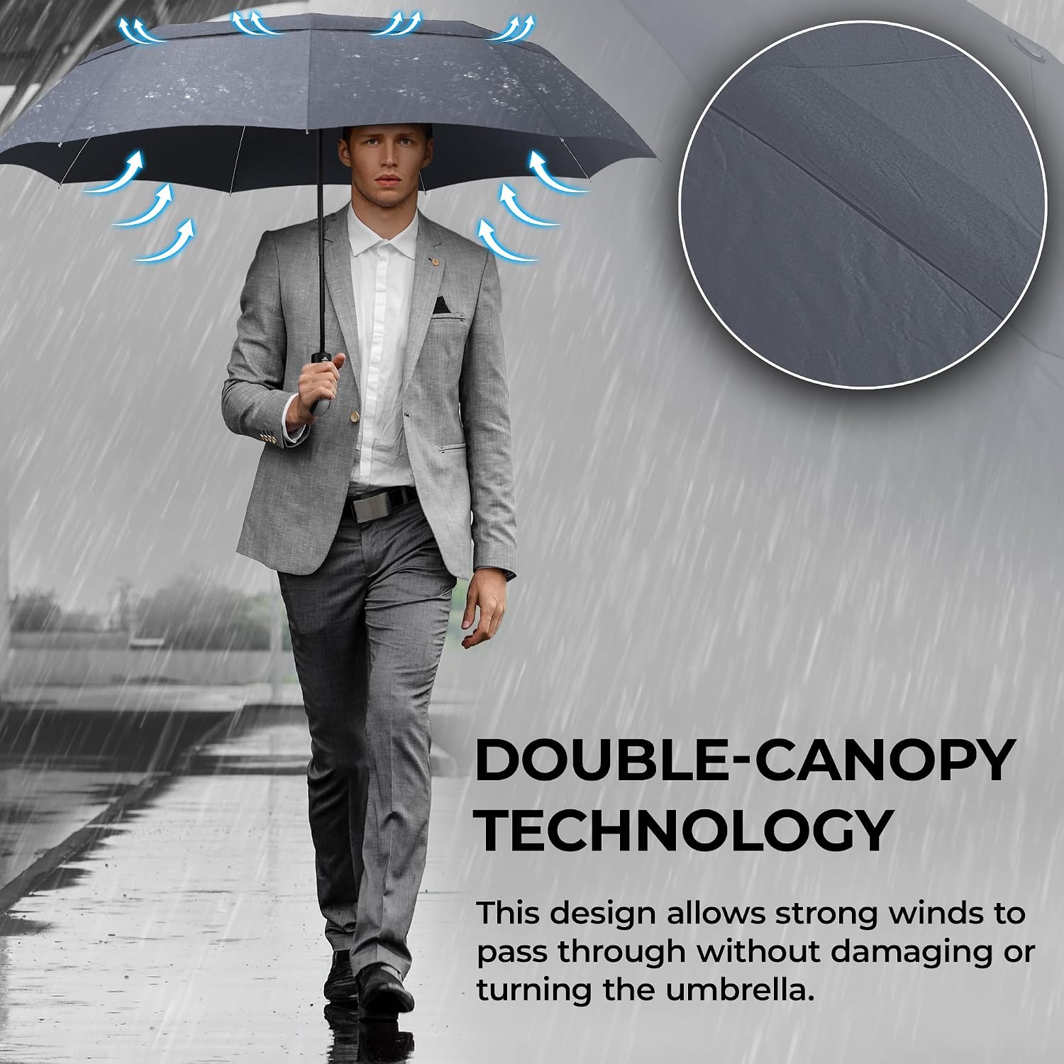 Thumbnail 1 de Wilford & Sons Umbrella Windproof Compact (Auto Open/Close) – Double Canopy Travel Brolly, Teflon Water-Resistant, Grey