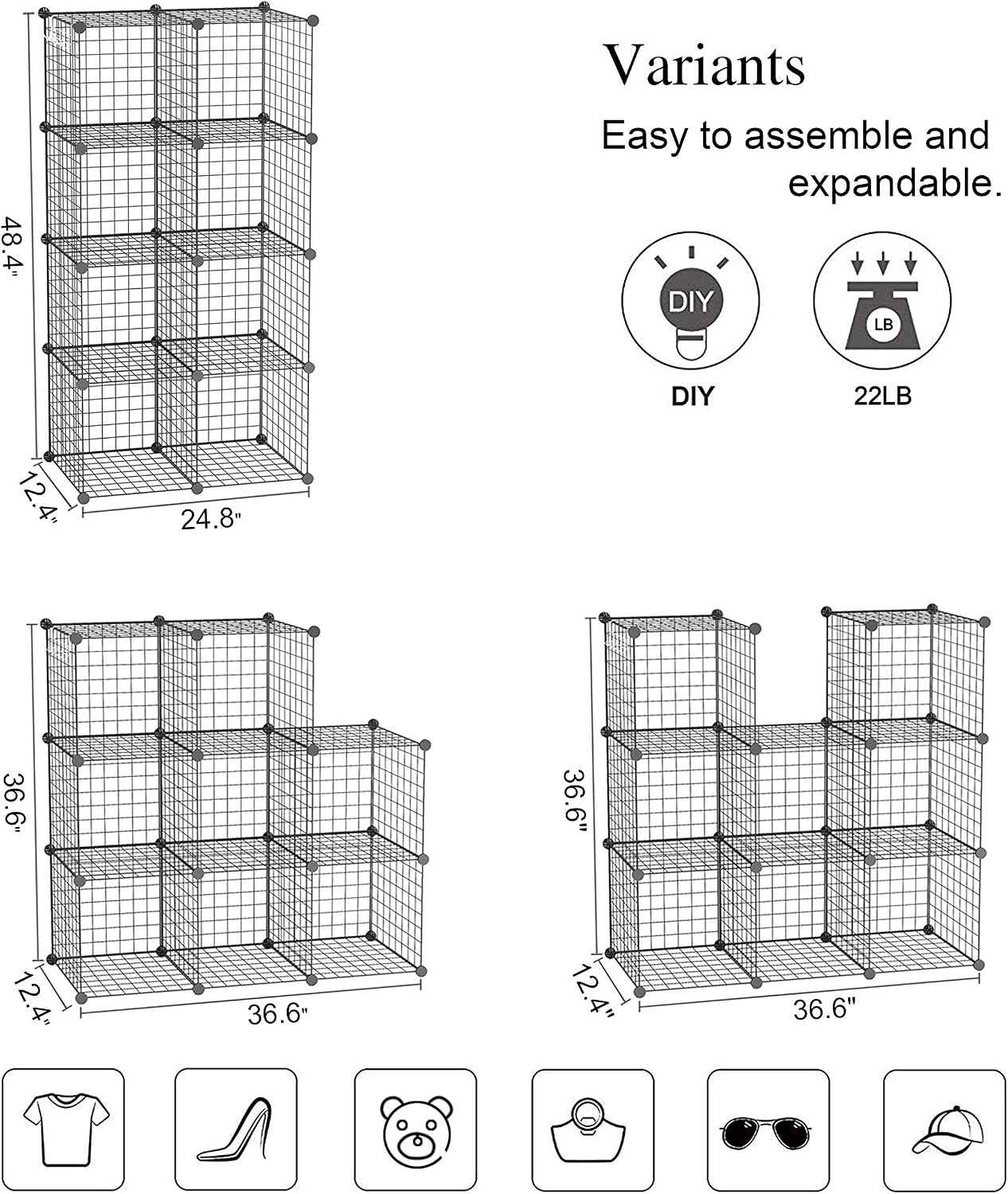 Thumbnail 2 de C&AHOME 8 cubes Wire Cube Storage Organizer, 8-Cube Black Metal Shelving