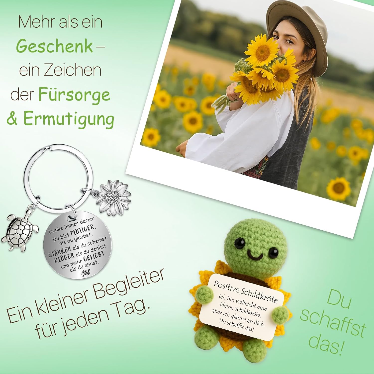 Thumbnail 6 de Farbeele Positive Sonnenblumen-Schildkröte & Glücksbringer-Schlüsselanhänger als Pocket Hug Mutmacher-Geschenk