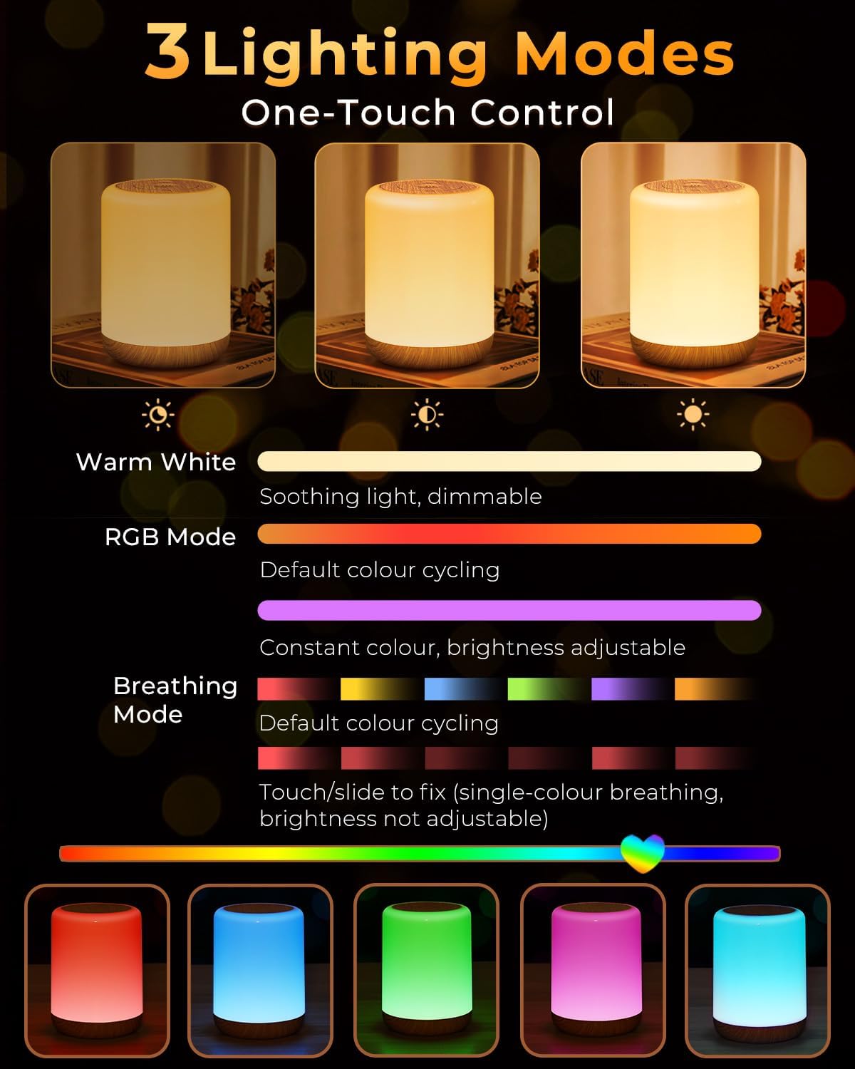 Detalle de MEDE Night Light: Dimmable USB Rechargeable Bedside Lamp with RGB, Timer, and Memory