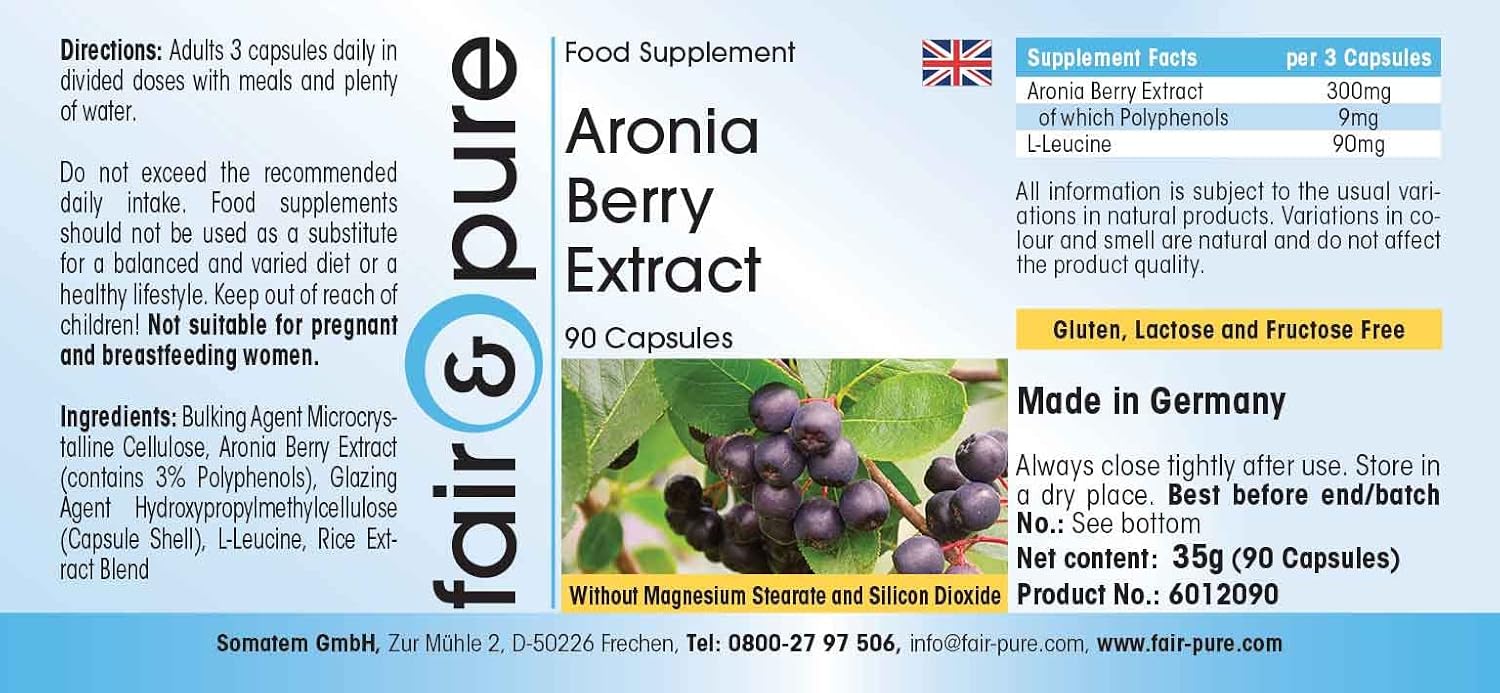 Detalle de Fair & Pure Aroniabeeren Extrakt – 90 Kapseln, standardisiert auf 3 % Polyphenole, vegan, in Deutschland hergestellt