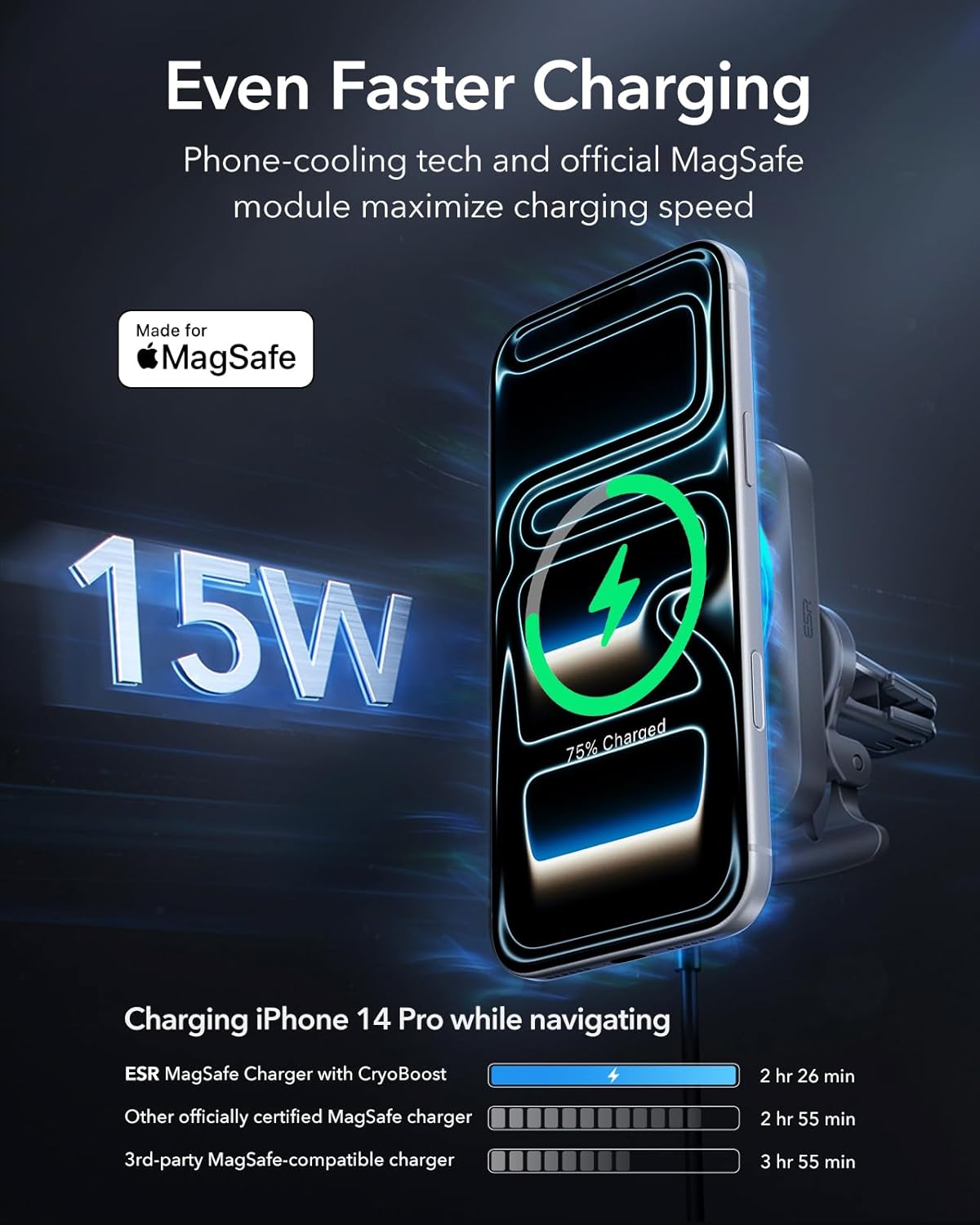 Thumbnail 1 de ESR MagSafe Car Mount Charger with CryoBoost: 15W Fast Charging and Cooling for iPhone 17e–13/12 Series