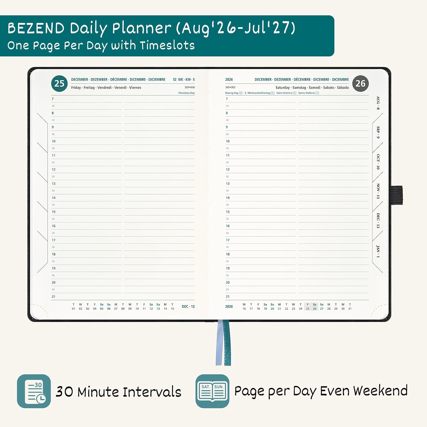 Detalle 2 de BEZEND A5 Academic Diary 2026-2027: Page A Day, 30-Minute Intervals