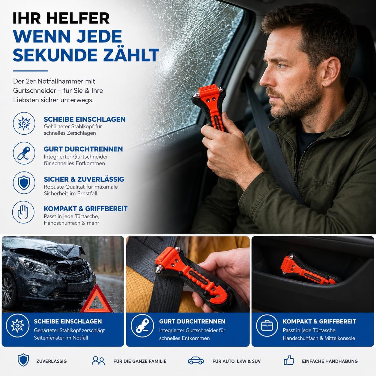 Thumbnail 6 de 2er Notfallhammer Autozubehör Set mit Gurtschneider – lebensrettendes Werkzeug für Auto, Pkw, LKW