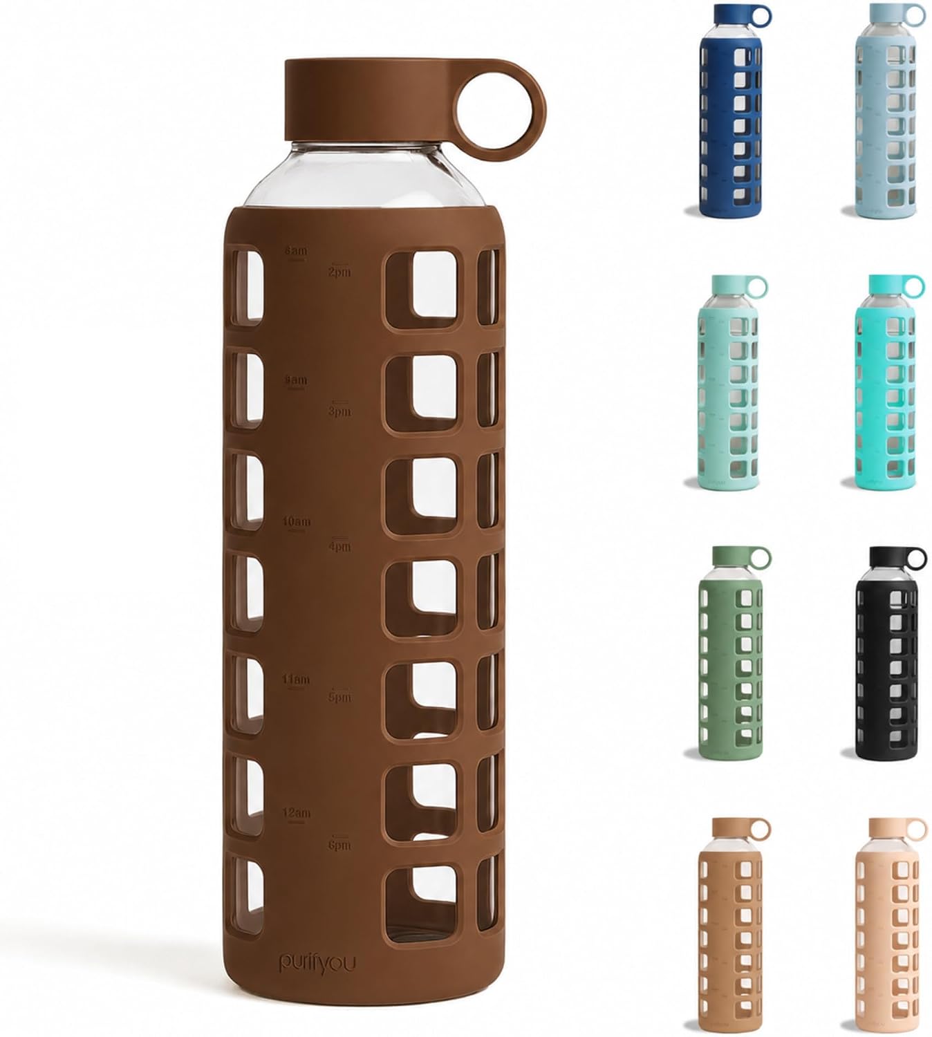 Detalle de purifyou PGWB-32EB 32 oz Glass Water Bottle with Time Markers and Silicone Sleeve